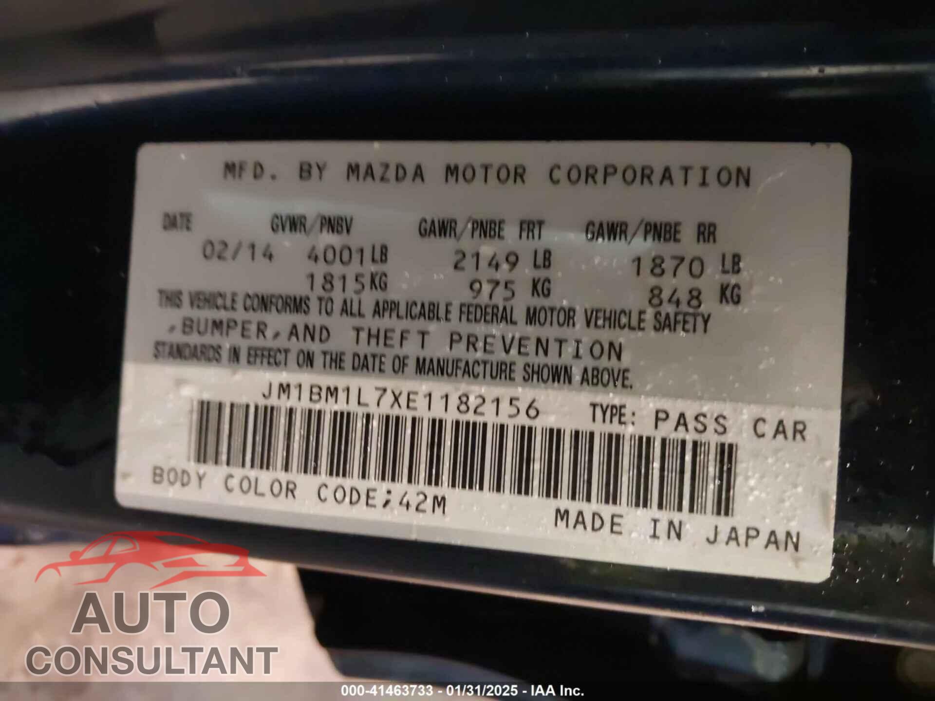 MAZDA MAZDA3 2014 - JM1BM1L7XE1182156
