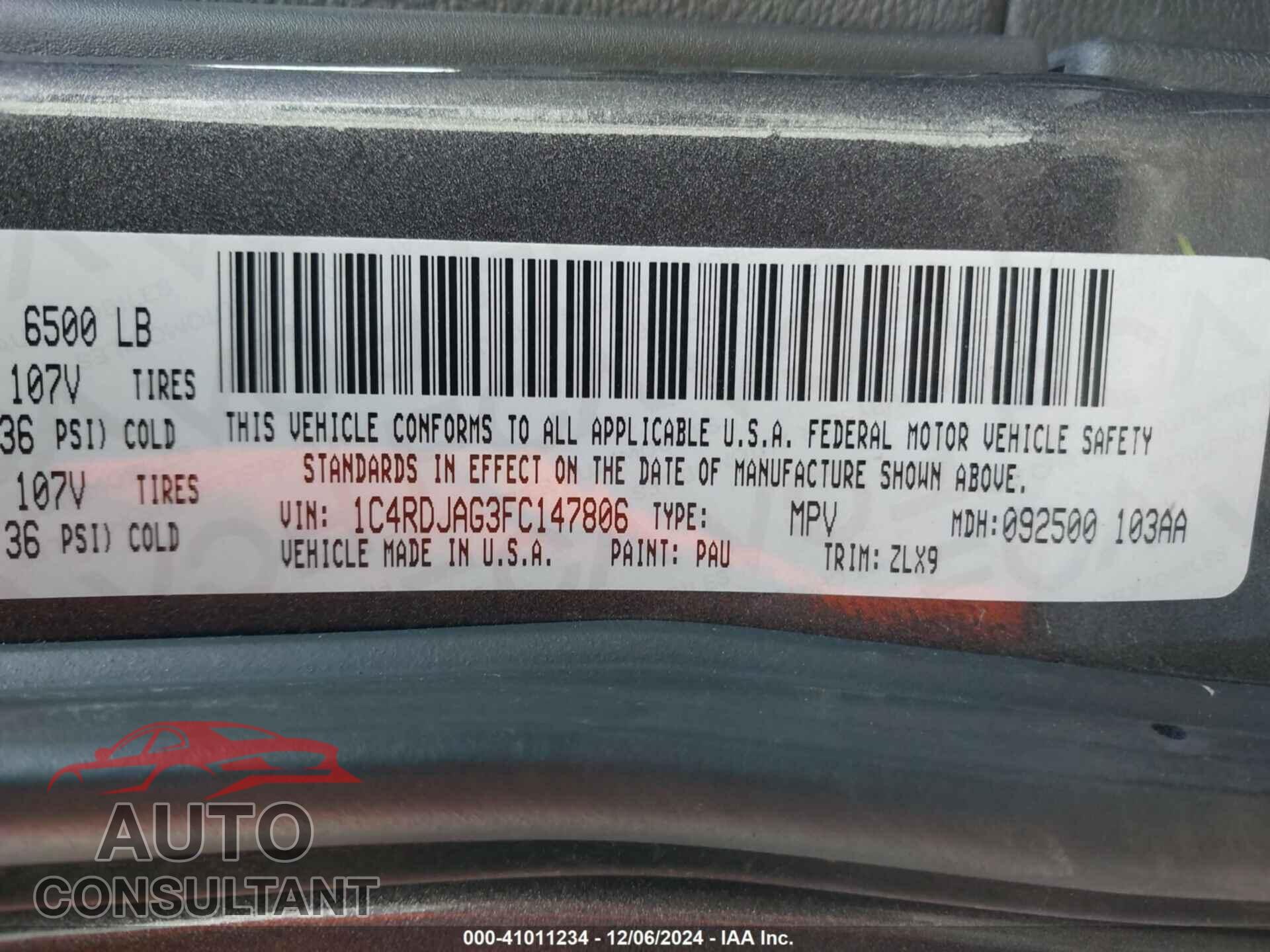 DODGE DURANGO 2015 - 1C4RDJAG3FC147806