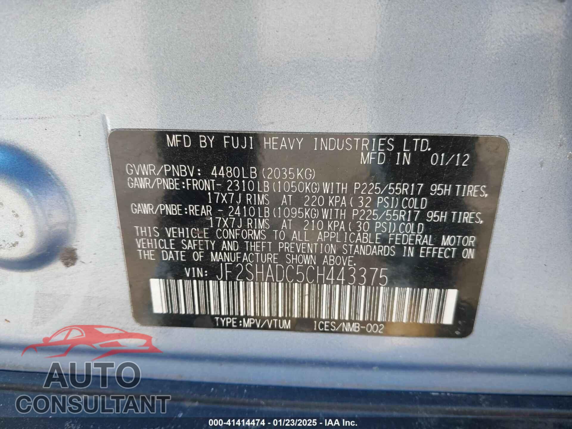 SUBARU FORESTER 2012 - JF2SHADC5CH443375