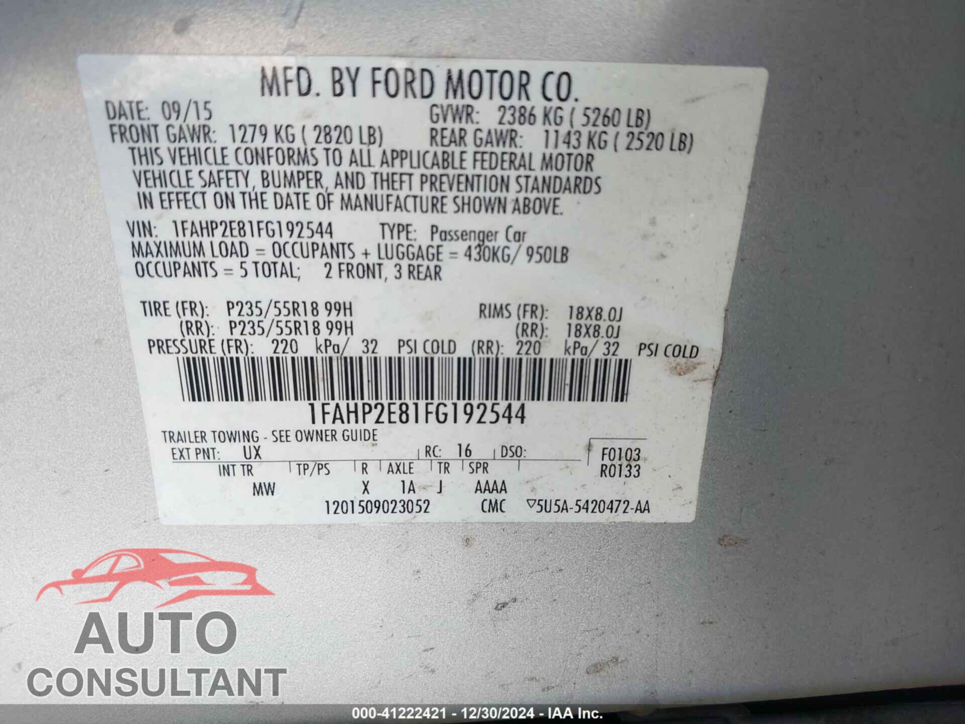 FORD TAURUS 2015 - 1FAHP2E81FG192544