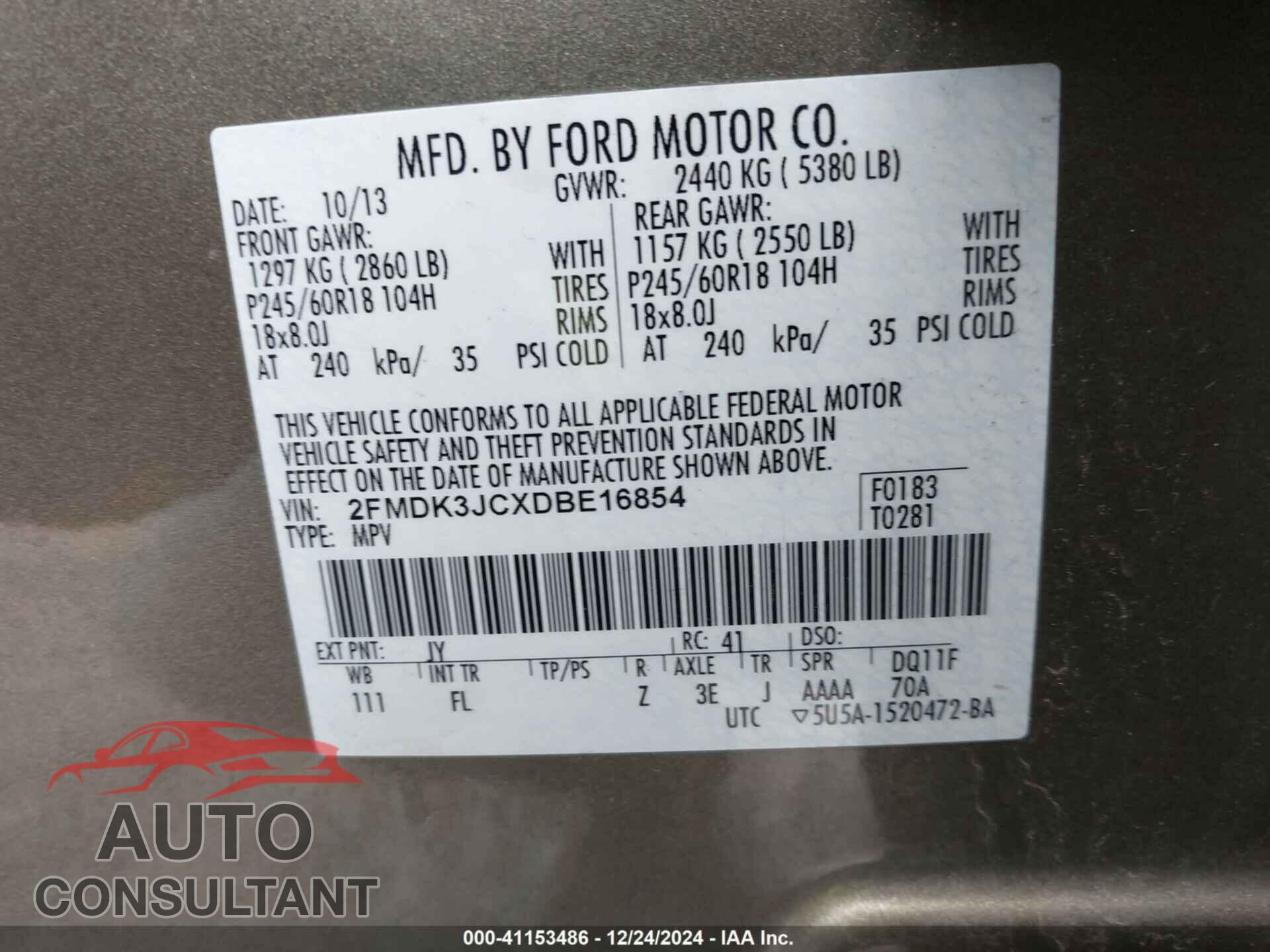 FORD EDGE 2013 - 2FMDK3JCXDBE16854
