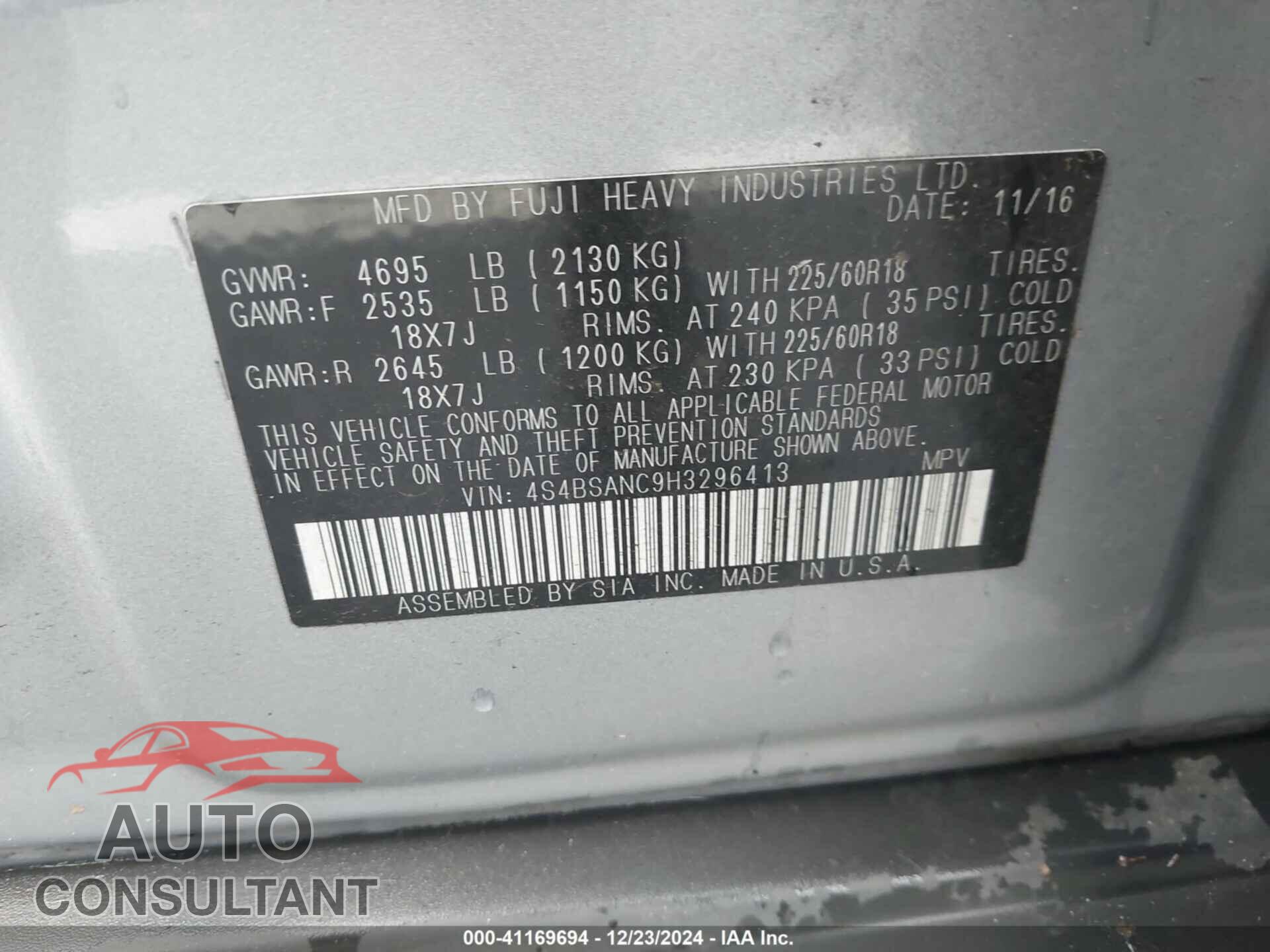 SUBARU OUTBACK 2017 - 4S4BSANC9H3296413