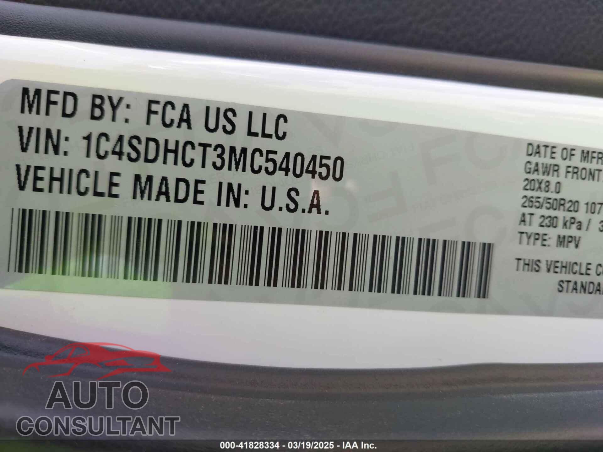 DODGE DURANGO 2021 - 1C4SDHCT3MC540450