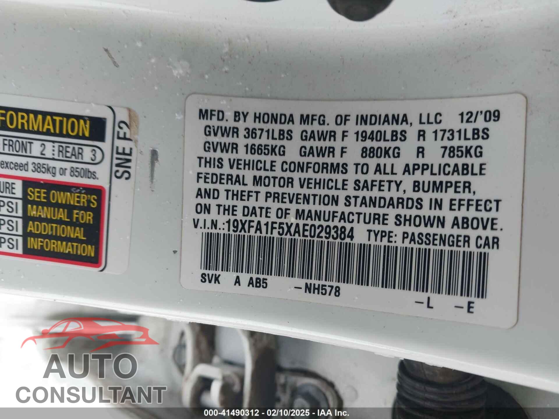 HONDA CIVIC 2010 - 19XFA1F5XAE029384