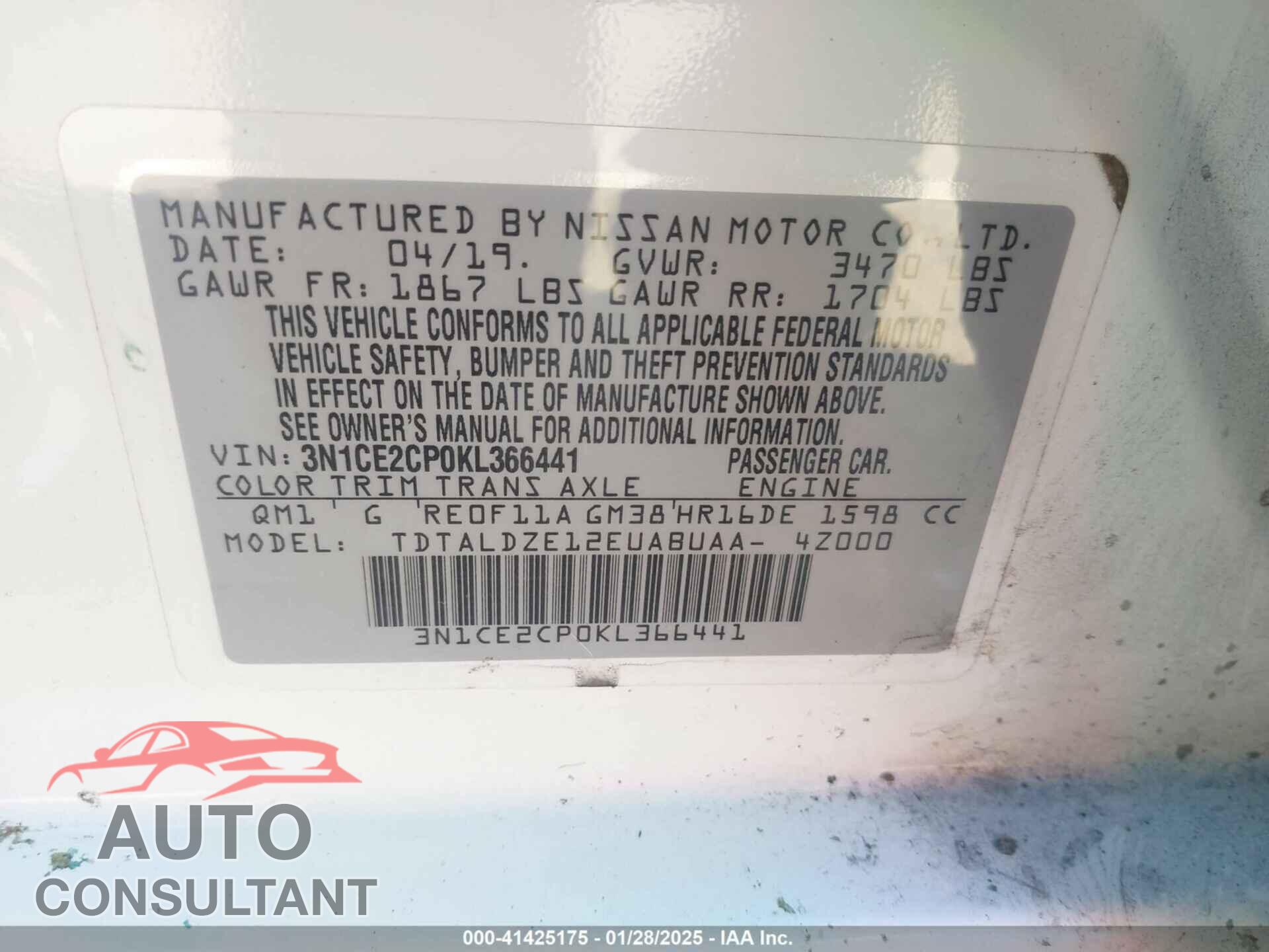 NISSAN VERSA NOTE 2019 - 3N1CE2CP0KL366441