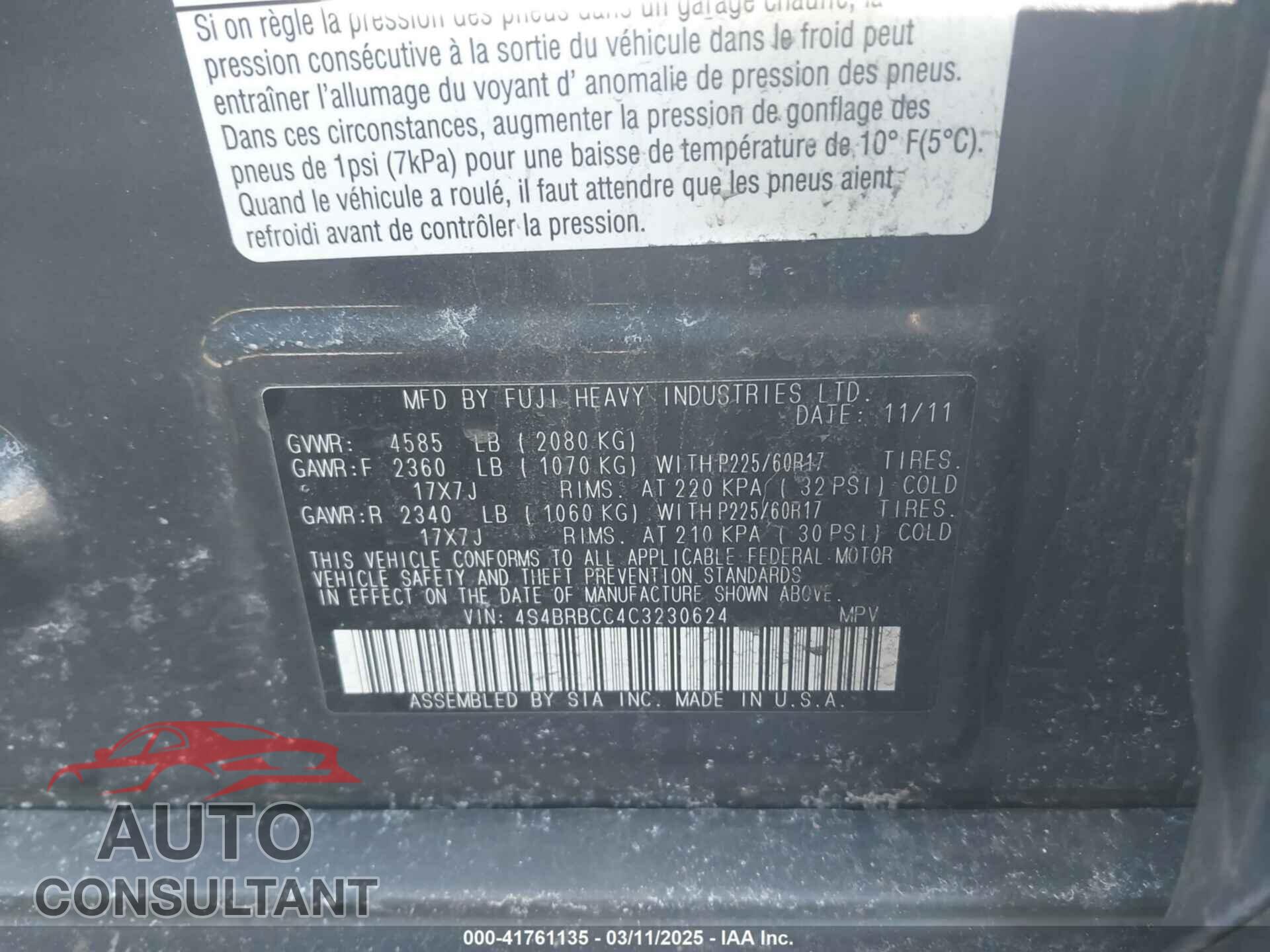 SUBARU OUTBACK 2012 - 4S4BRBCC4C3230624