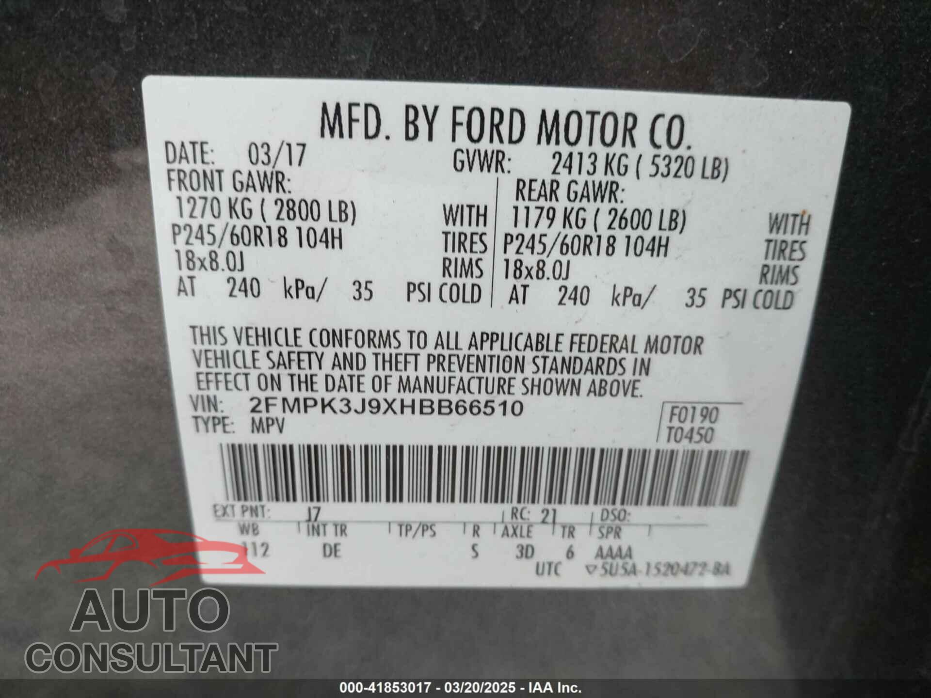 FORD EDGE 2017 - 2FMPK3J9XHBB66510
