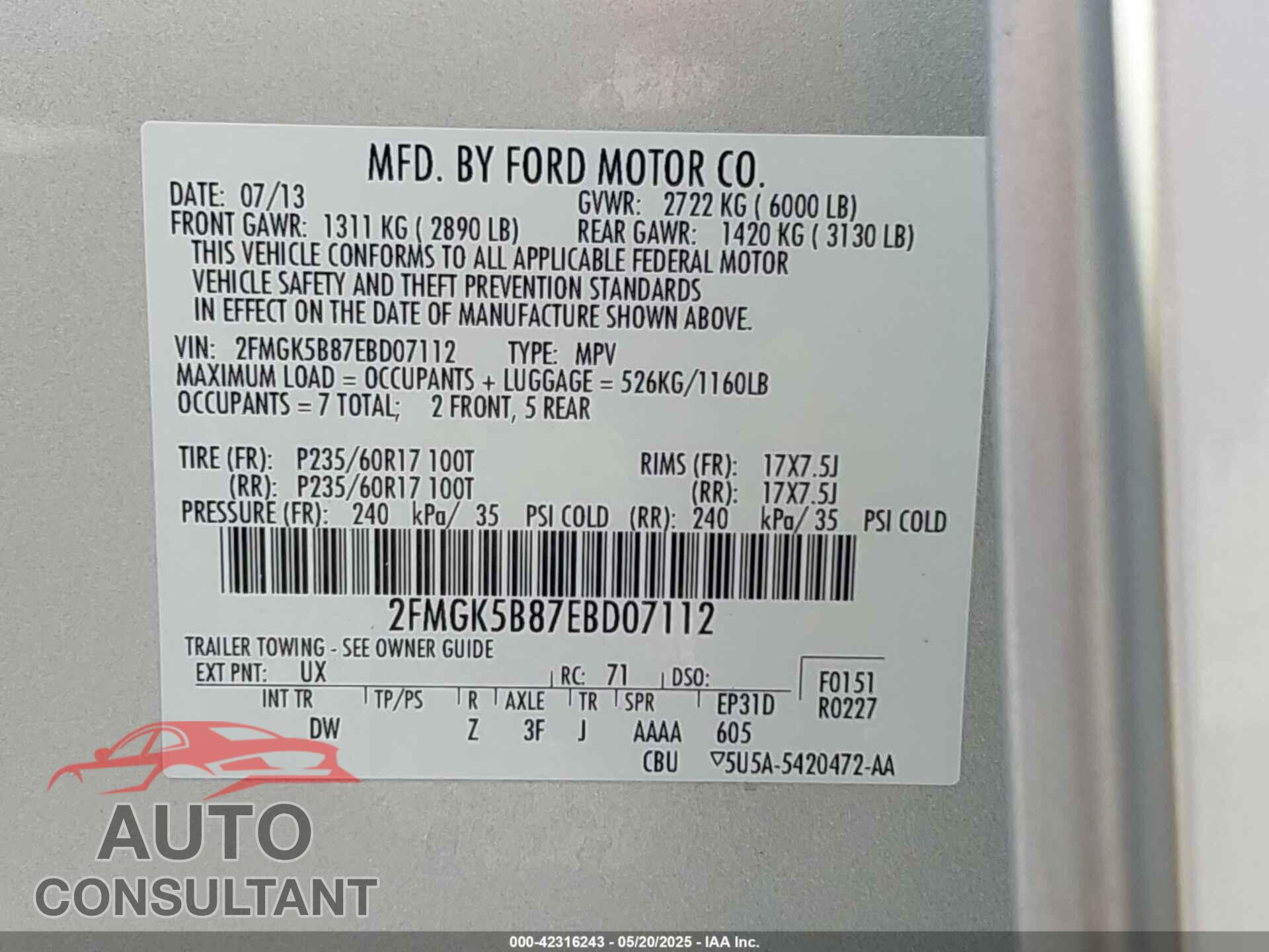 FORD FLEX 2014 - 2FMGK5B87EBD07112