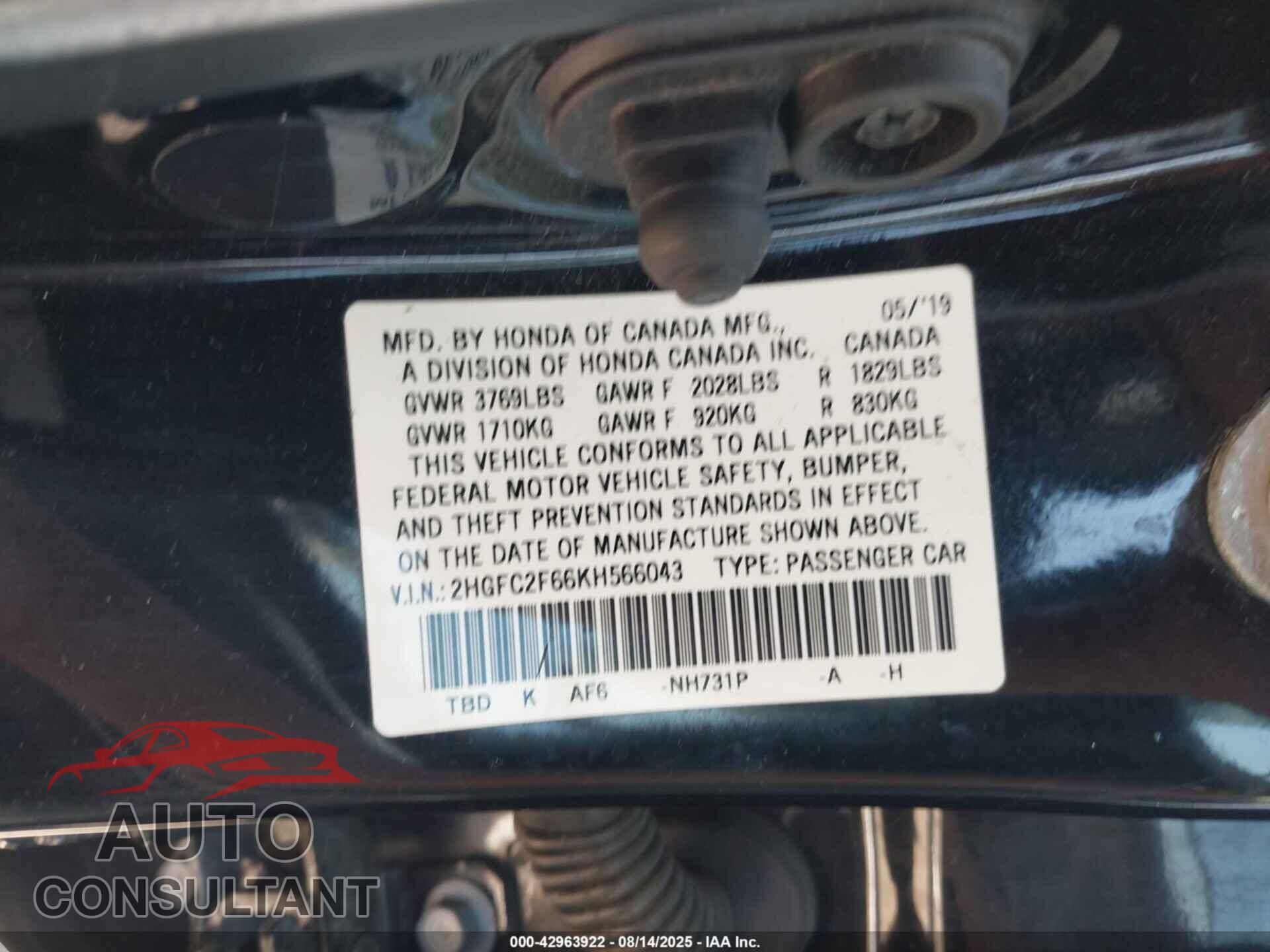 HONDA CIVIC 2019 - 2HGFC2F66KH566043