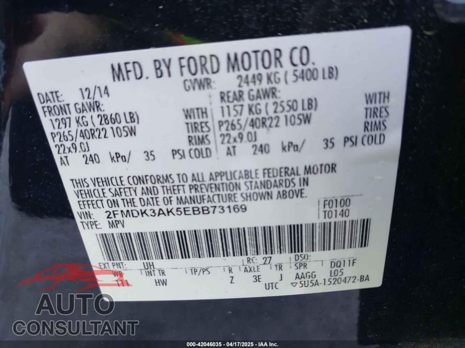 FORD EDGE 2014 - 2FMDK3AK5EBB73169