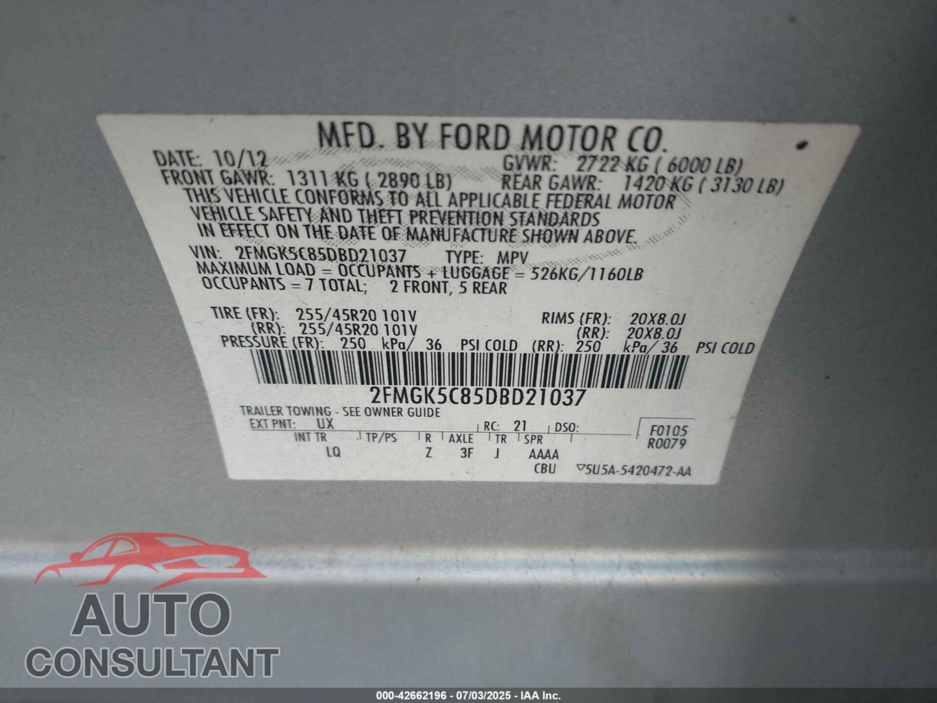 FORD FLEX 2013 - 2FMGK5C85DBD21037