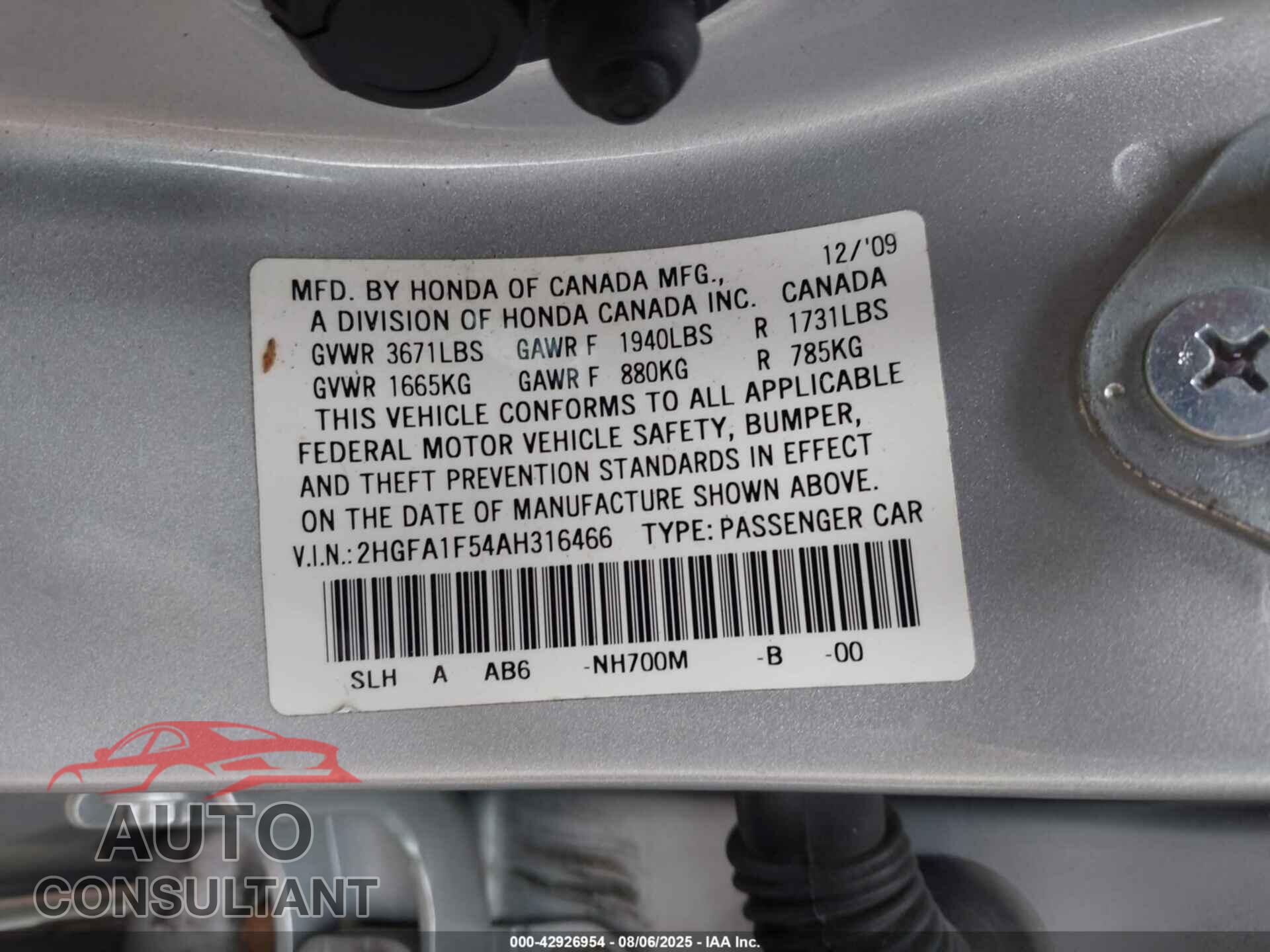 HONDA CIVIC 2010 - 2HGFA1F54AH316466