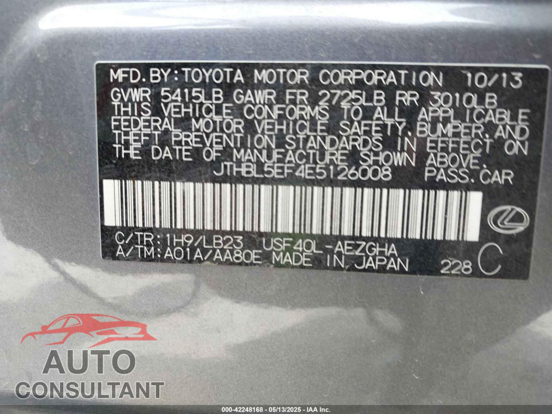 LEXUS LS 460 2014 - JTHBL5EF4E5126008