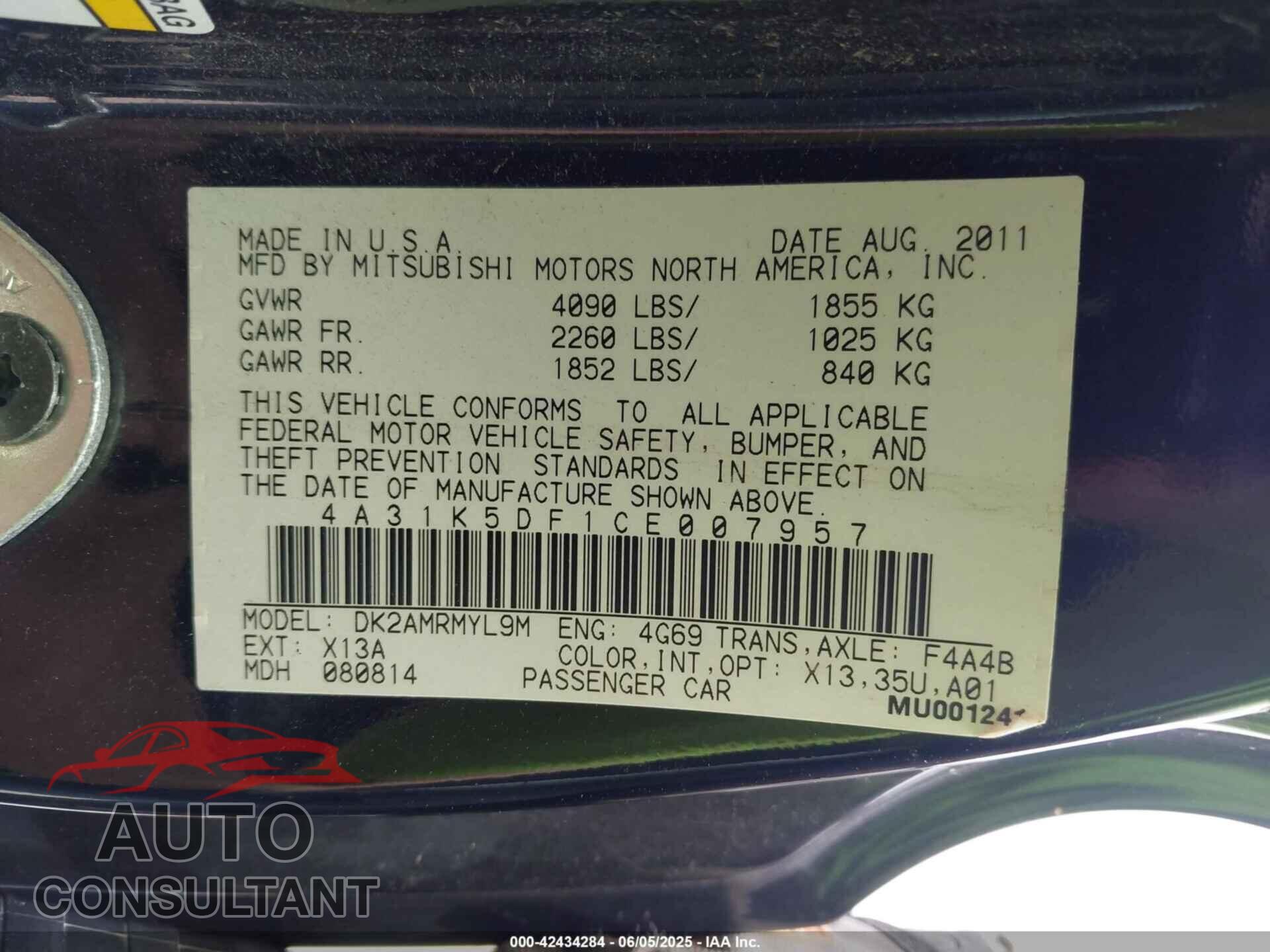 MITSUBISHI ECLIPSE 2012 - 4A31K5DF1CE007957