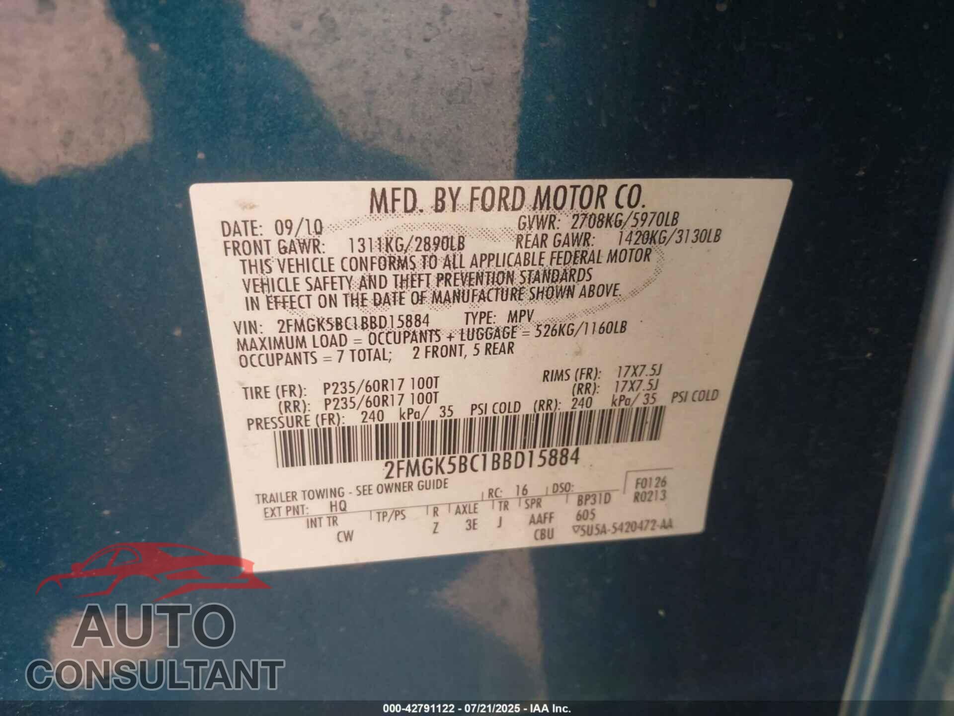 FORD FLEX 2011 - 2FMGK5BC1BBD15884