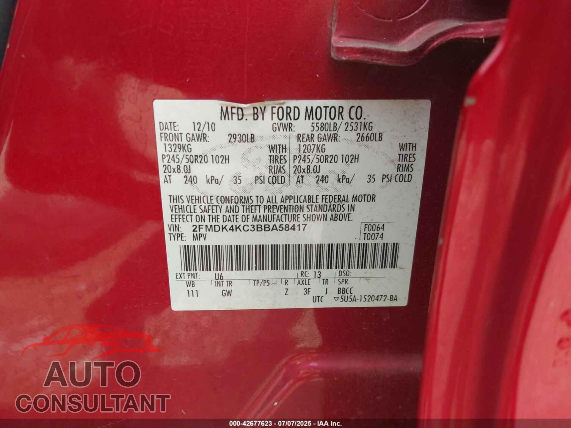 FORD EDGE 2011 - 2FMDK4KC3BBA58417