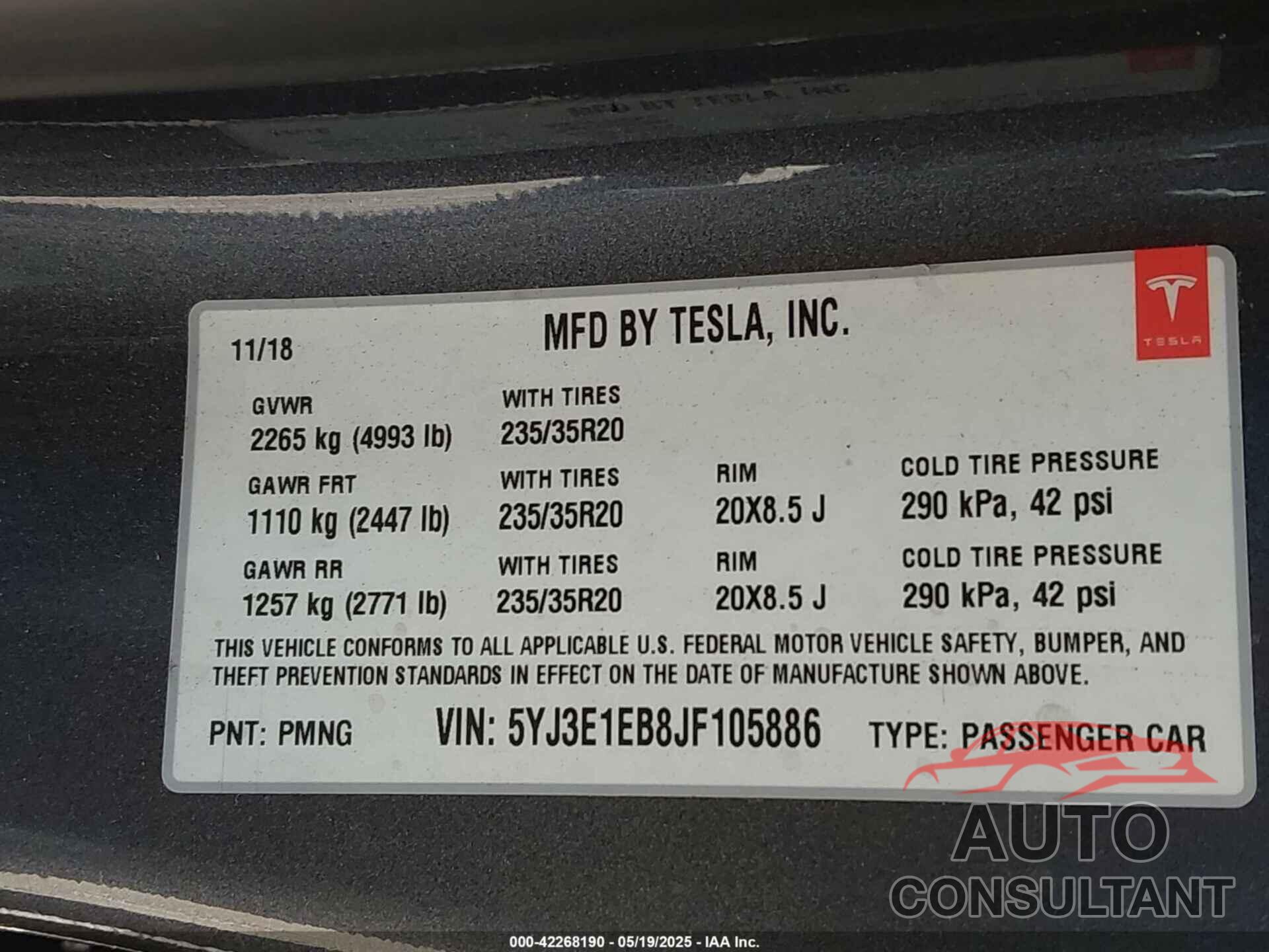TESLA MODEL 3 2018 - 5YJ3E1EB8JF105886