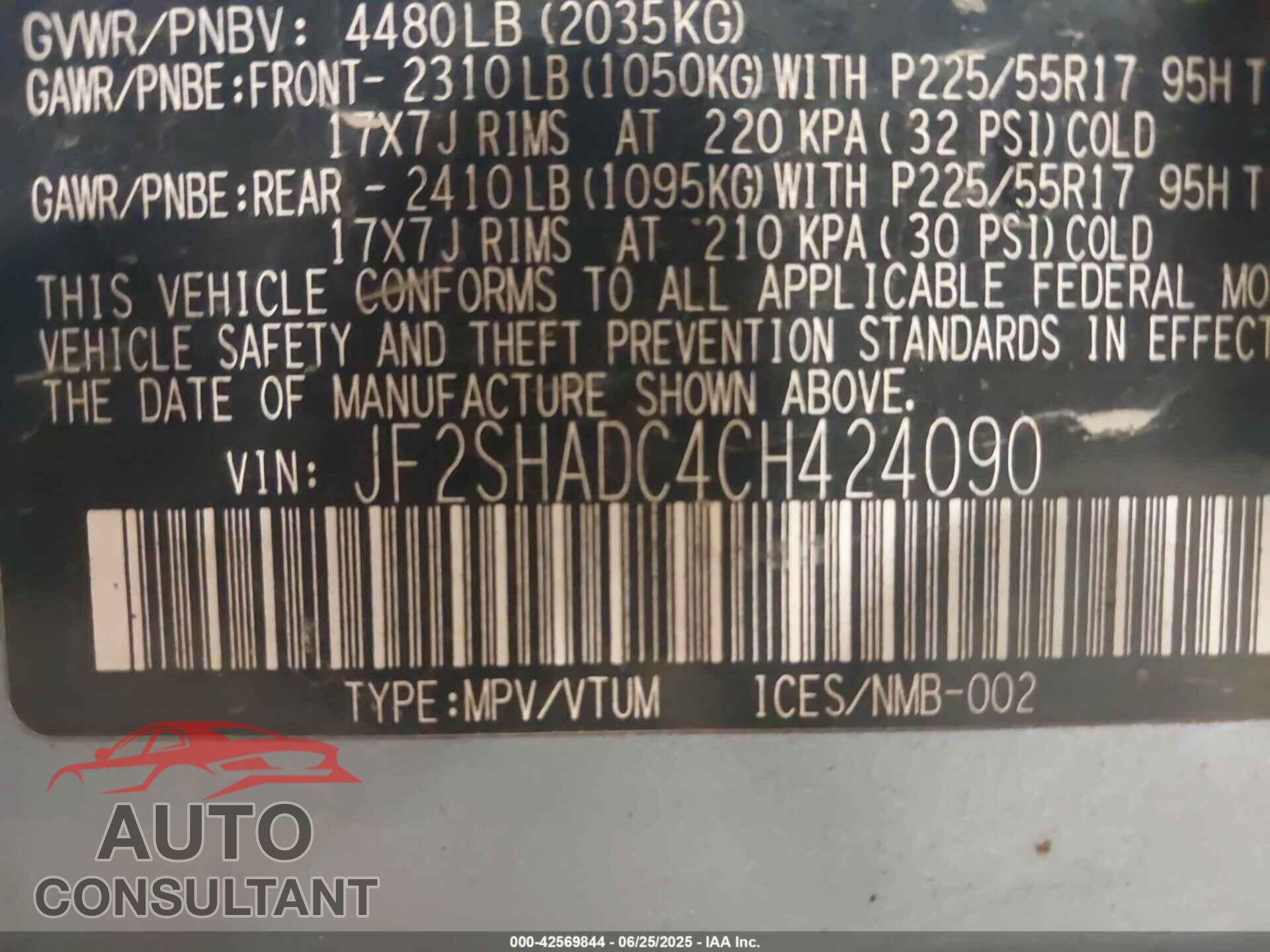 SUBARU FORESTER 2012 - JF2SHADC4CH424090