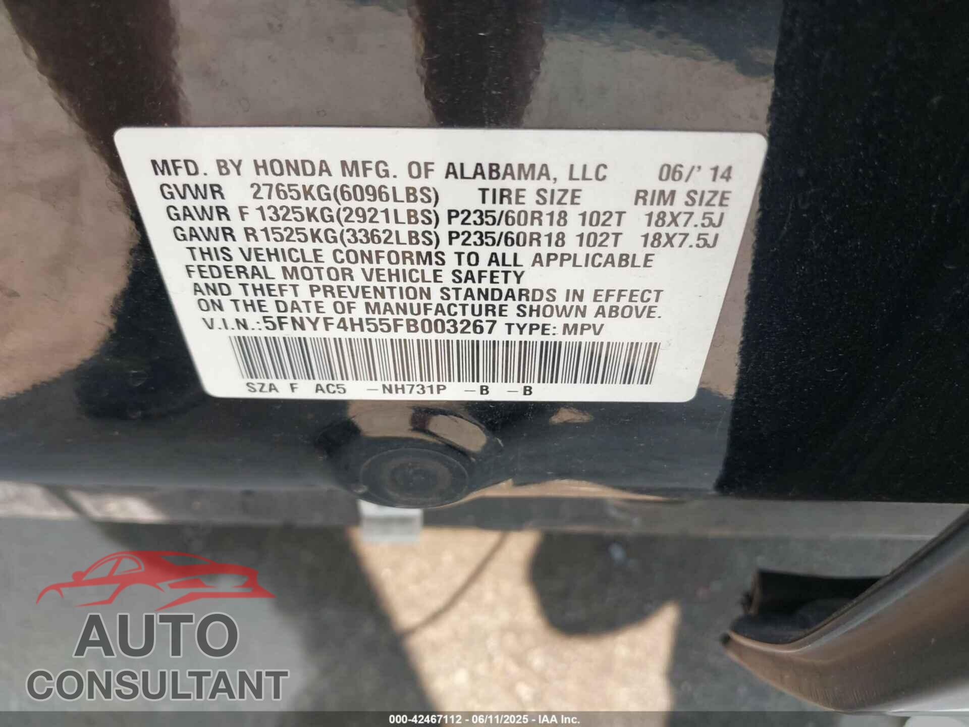 HONDA PILOT 2015 - 5FNYF4H55FB003267