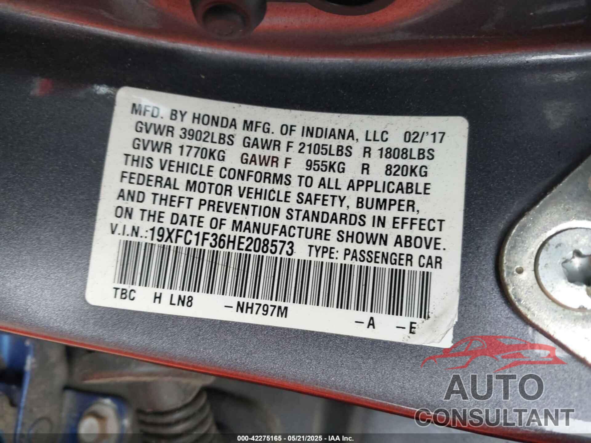 HONDA CIVIC 2017 - 19XFC1F36HE208573