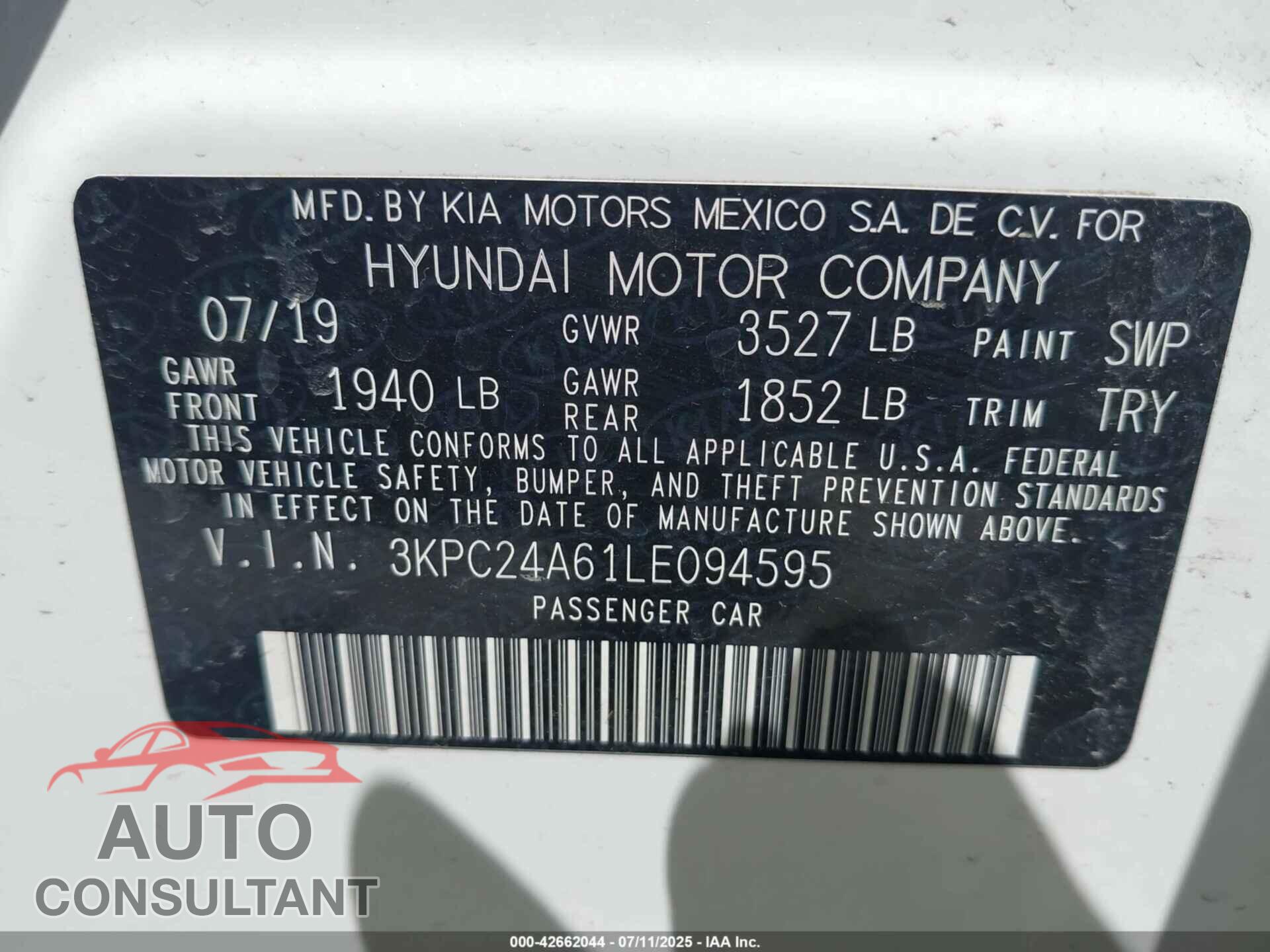 HYUNDAI ACCENT 2020 - 3KPC24A61LE094595