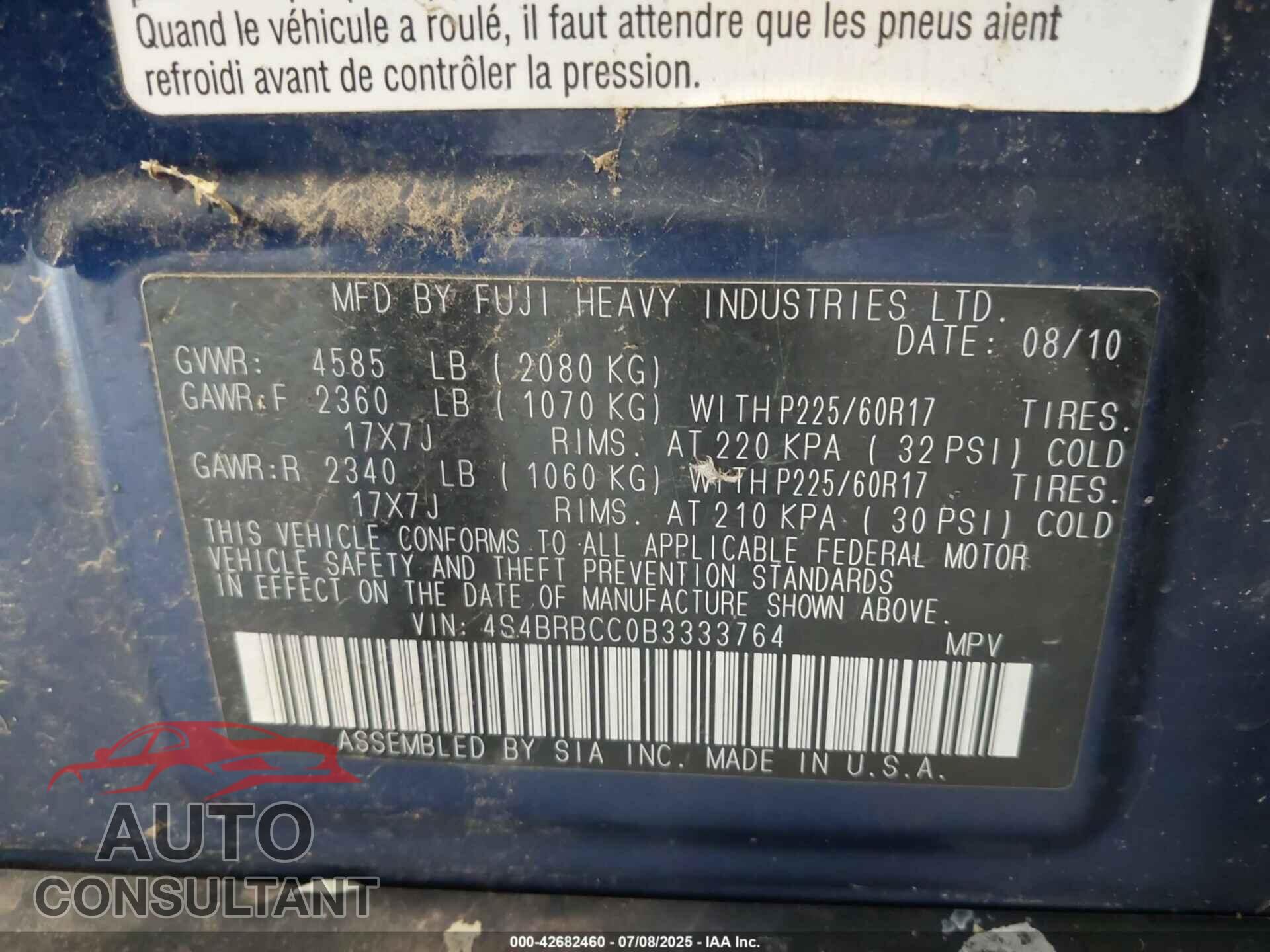 SUBARU OUTBACK 2011 - 4S4BRBCC0B3333764