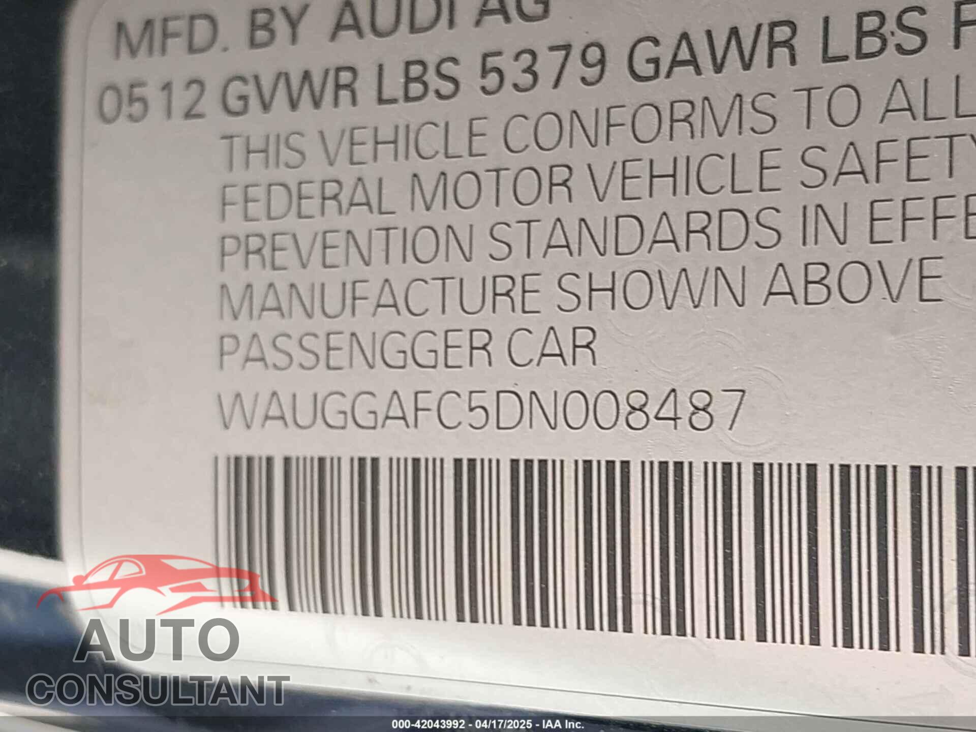 AUDI A6 2013 - WAUGGAFC5DN008487