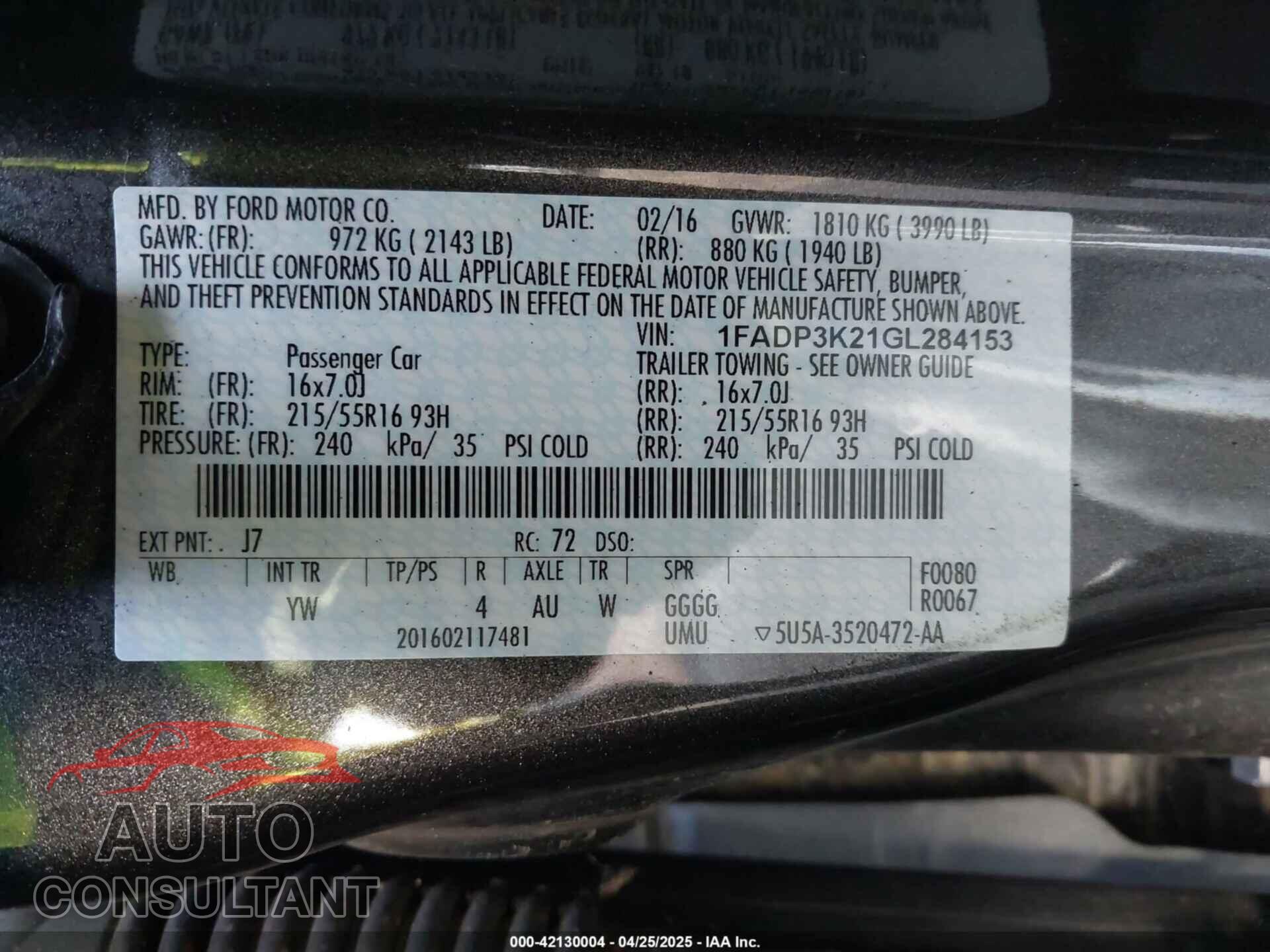 FORD FOCUS 2016 - 1FADP3K21GL284153