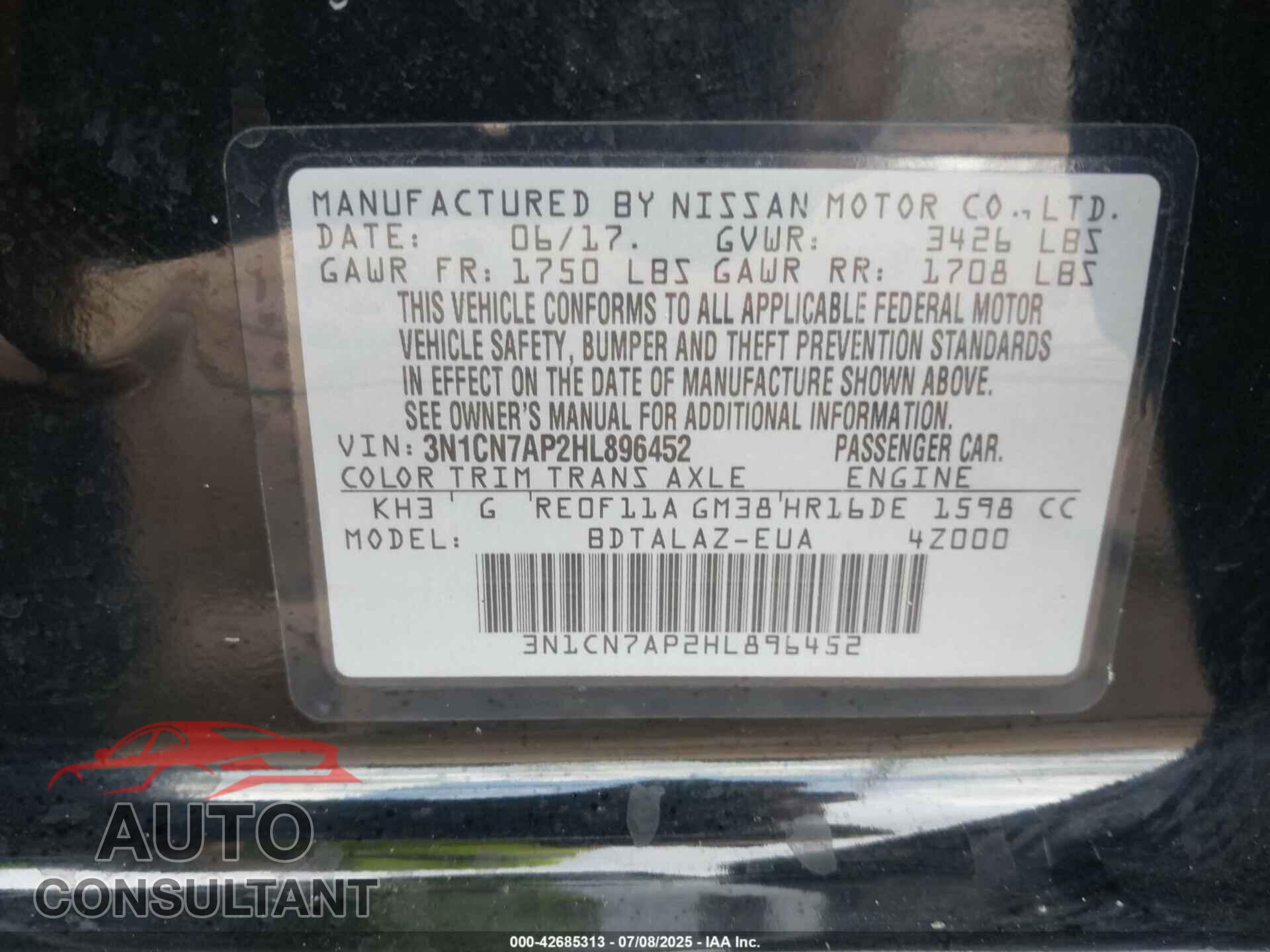 NISSAN VERSA 2017 - 3N1CN7AP2HL896452
