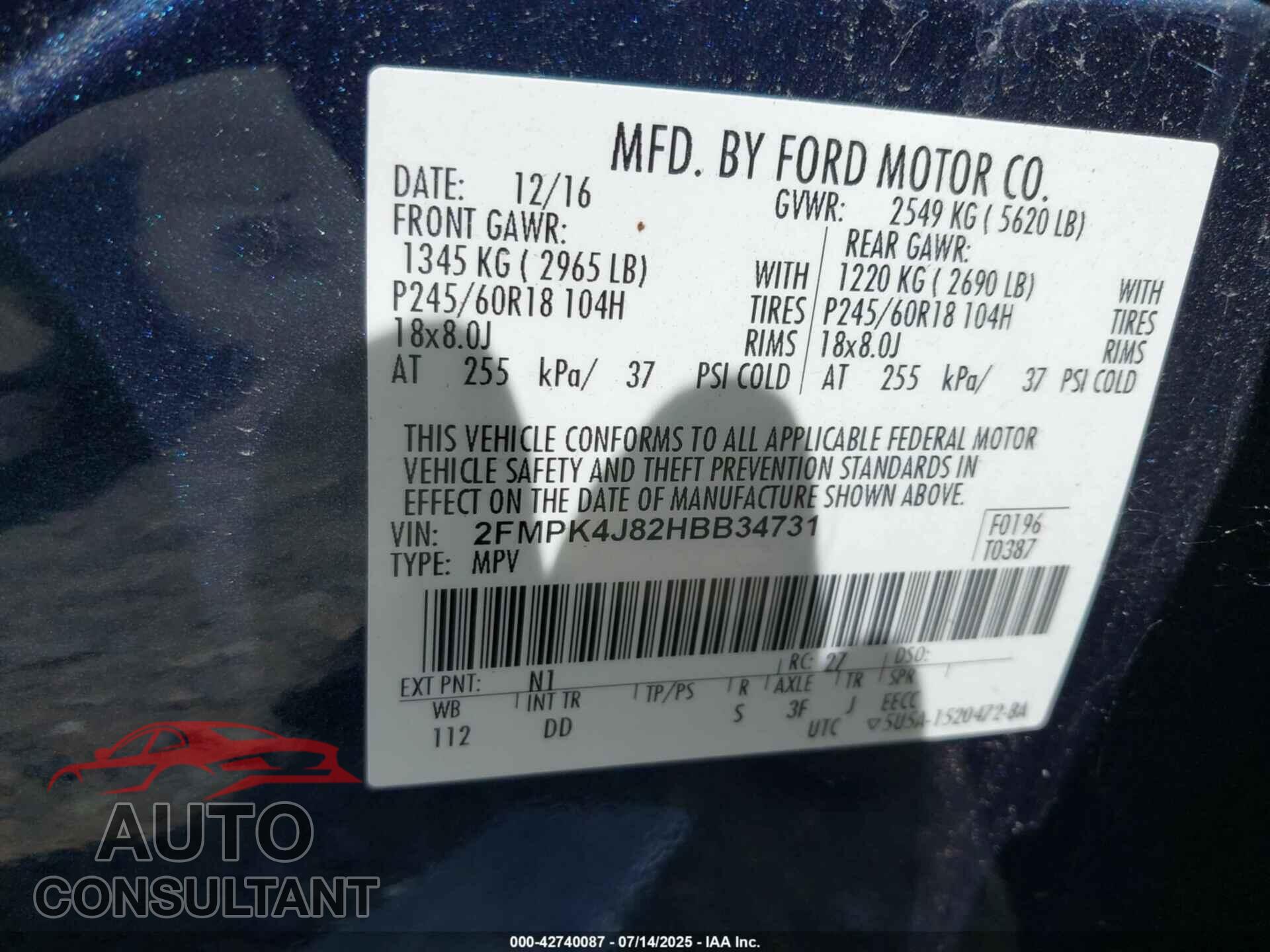 FORD EDGE 2017 - 2FMPK4J82HBB34731