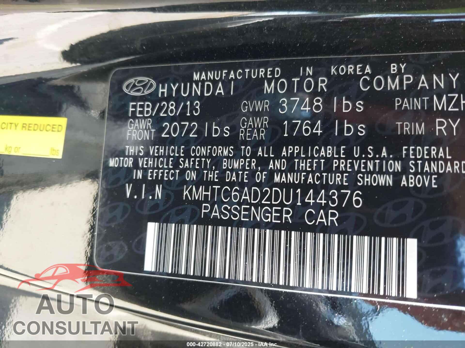 HYUNDAI VELOSTER 2013 - KMHTC6AD2DU144376