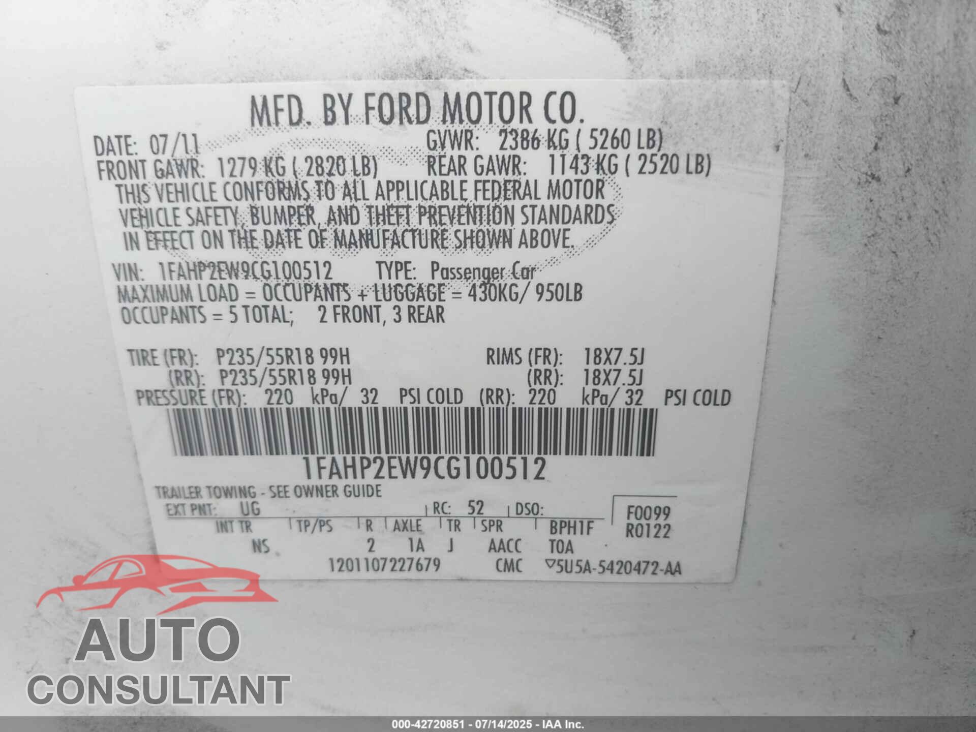 FORD TAURUS 2012 - 1FAHP2EW9CG100512