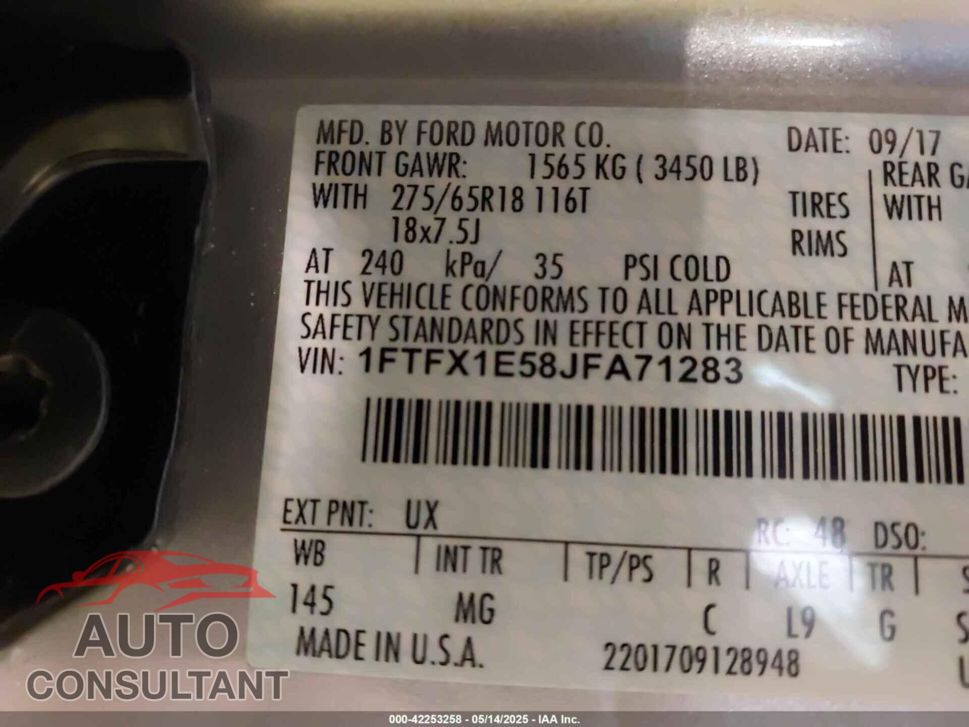 FORD F150 2018 - 1FTFX1E58JFA71283
