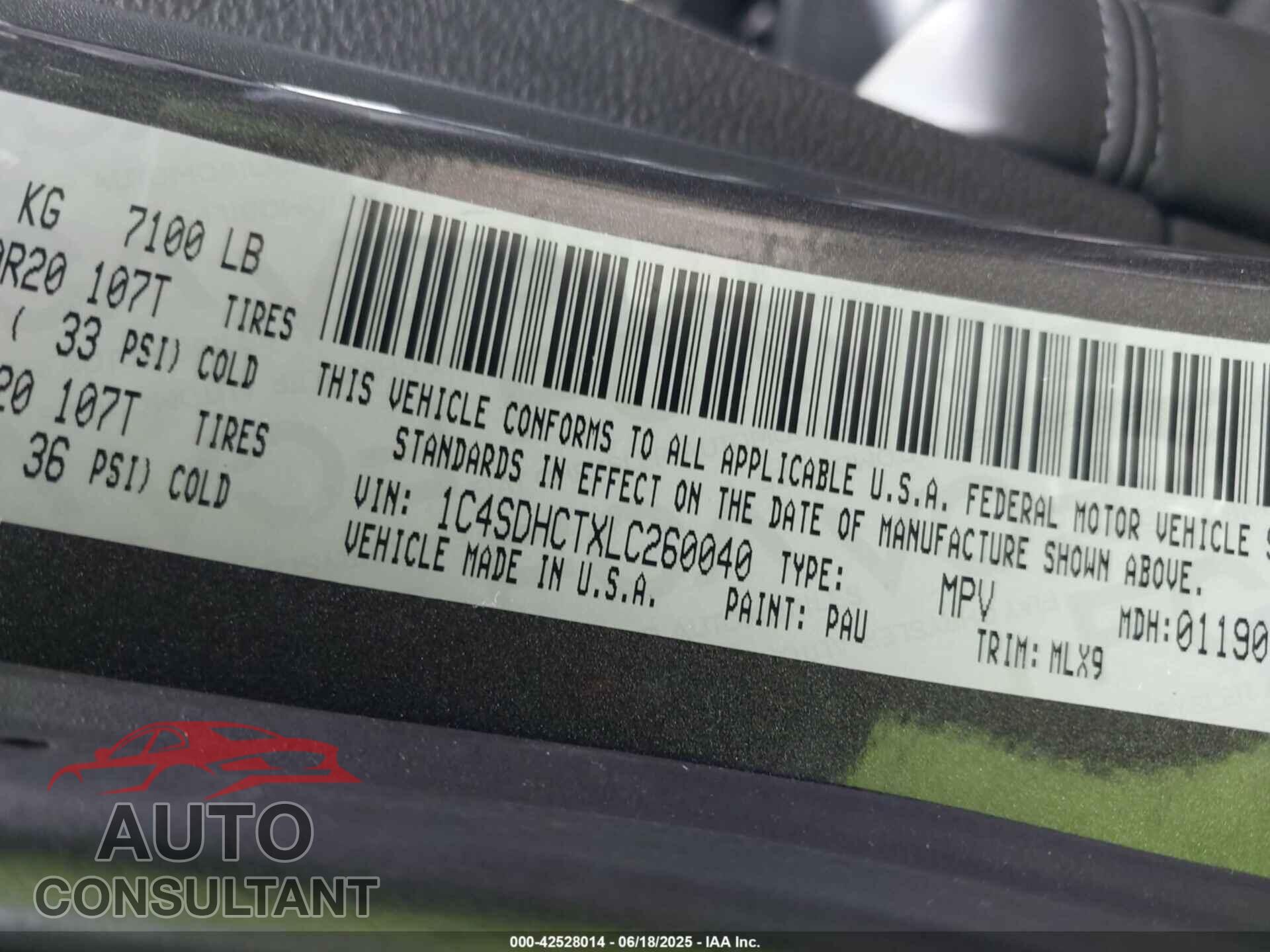 DODGE DURANGO 2020 - 1C4SDHCTXLC260040