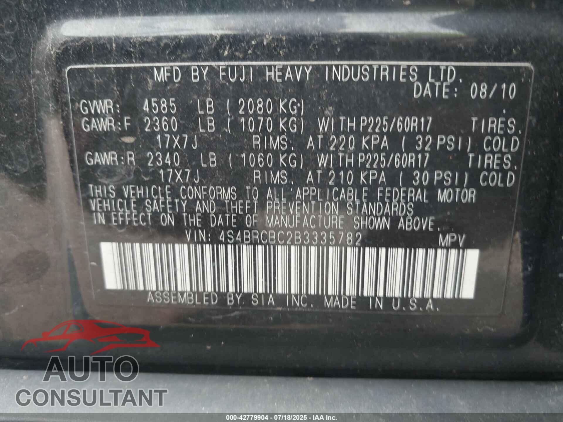 SUBARU OUTBACK 2011 - 4S4BRCBC2B3335782