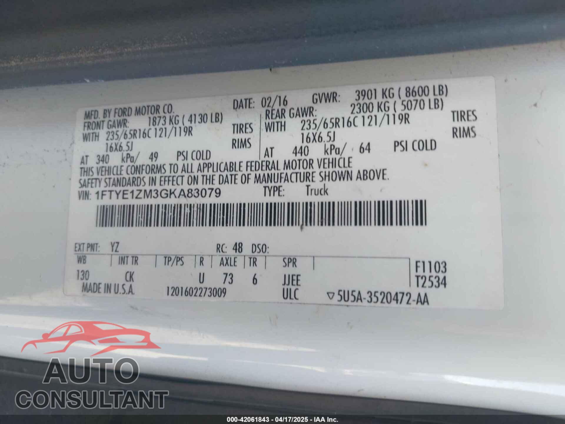FORD TRANSIT-150 2016 - 1FTYE1ZM3GKA83079