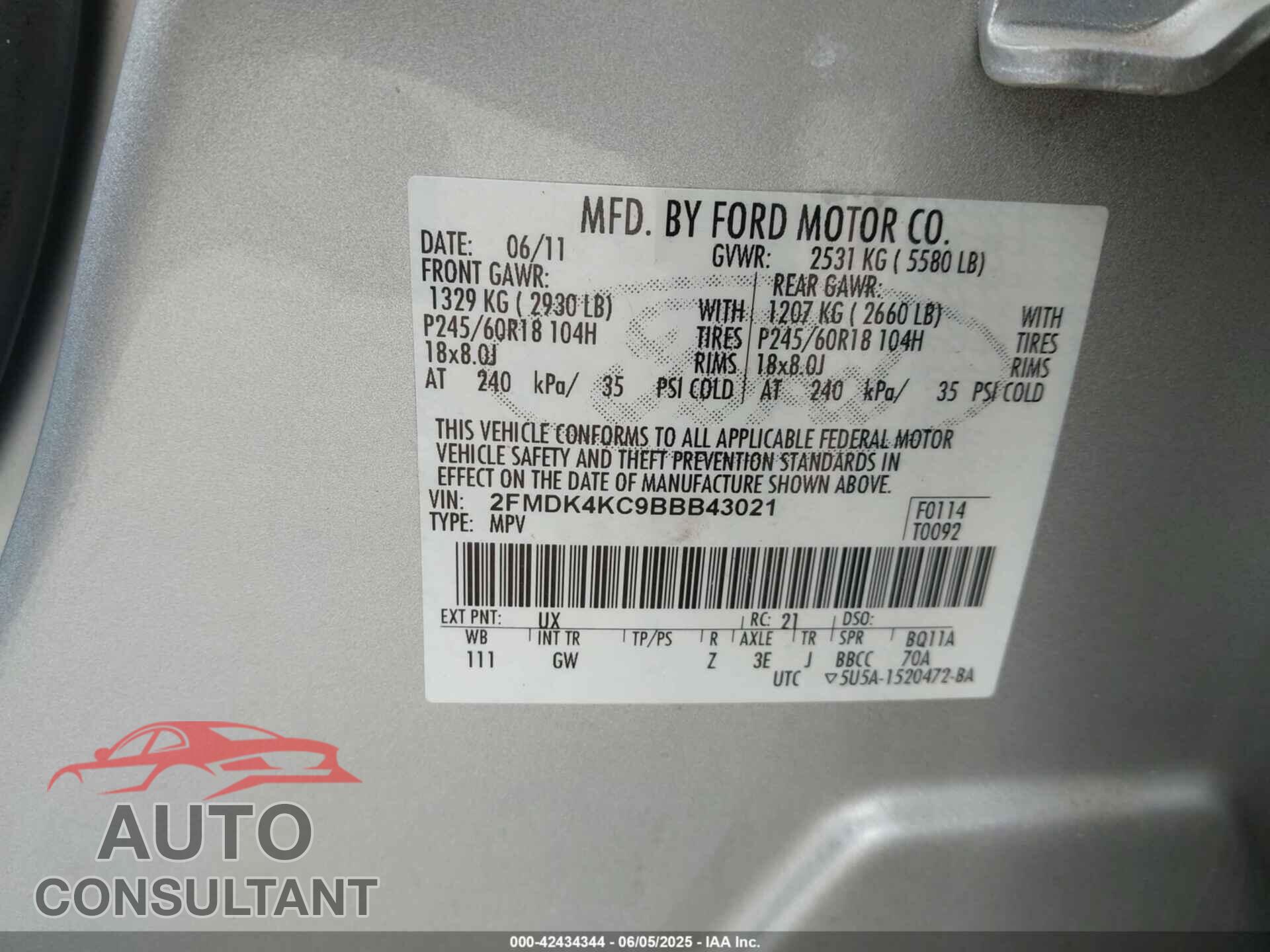 FORD EDGE 2011 - 2FMDK4KC9BBB43021