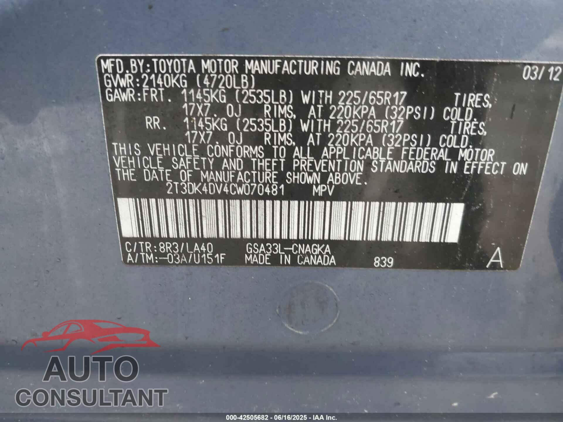 TOYOTA RAV4 2012 - 2T3DK4DV4CW070481