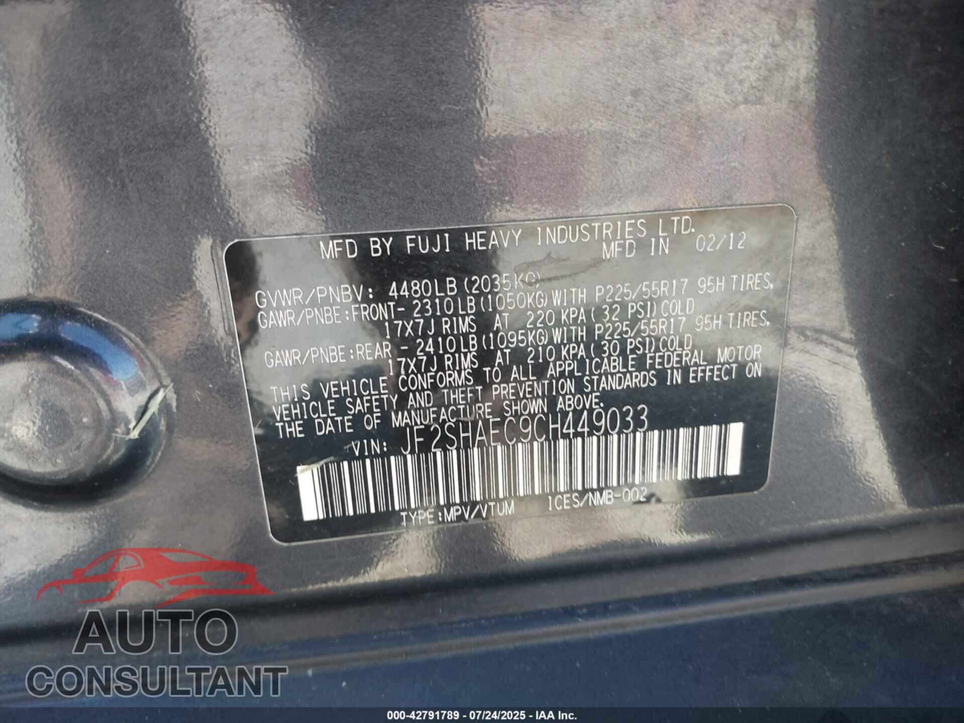 SUBARU FORESTER 2012 - JF2SHAEC9CH449033