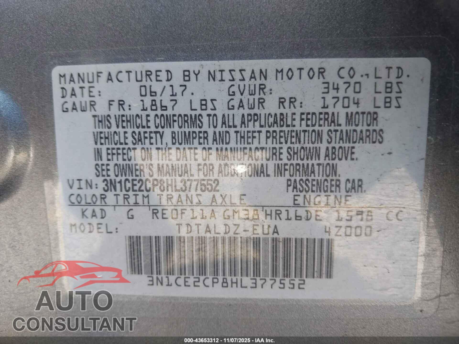 NISSAN VERSA NOTE 2017 - 3N1CE2CP8HL377552