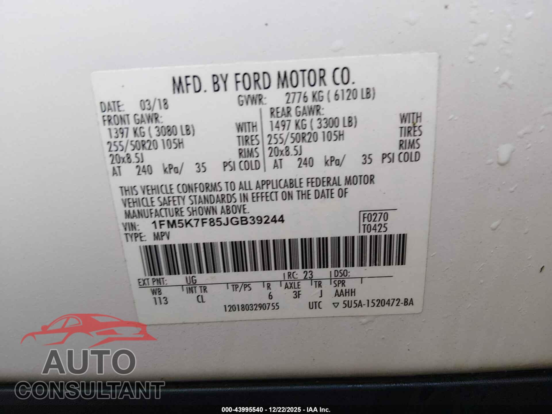 FORD EXPLORER 2018 - 1FM5K7F85JGB39244