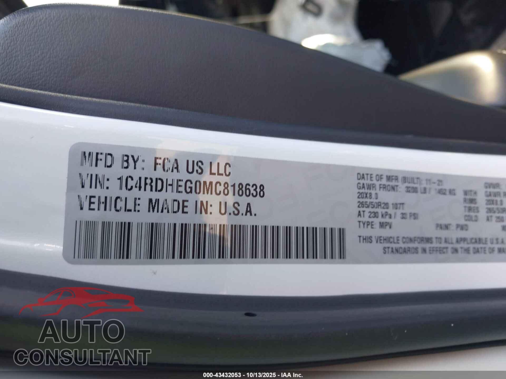 DODGE DURANGO 2021 - 1C4RDHEG0MC818638