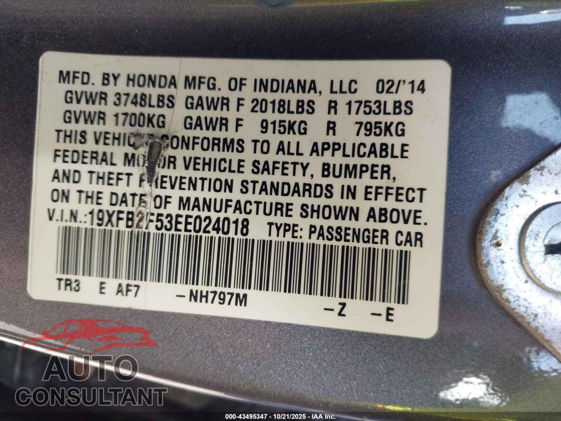 HONDA CIVIC 2014 - 19XFB2F53EE024018