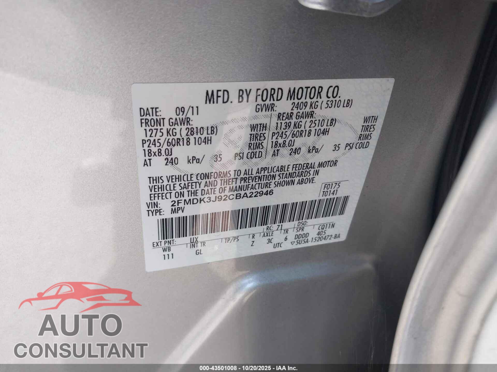 FORD EDGE 2012 - 2FMDK3J92CBA22946