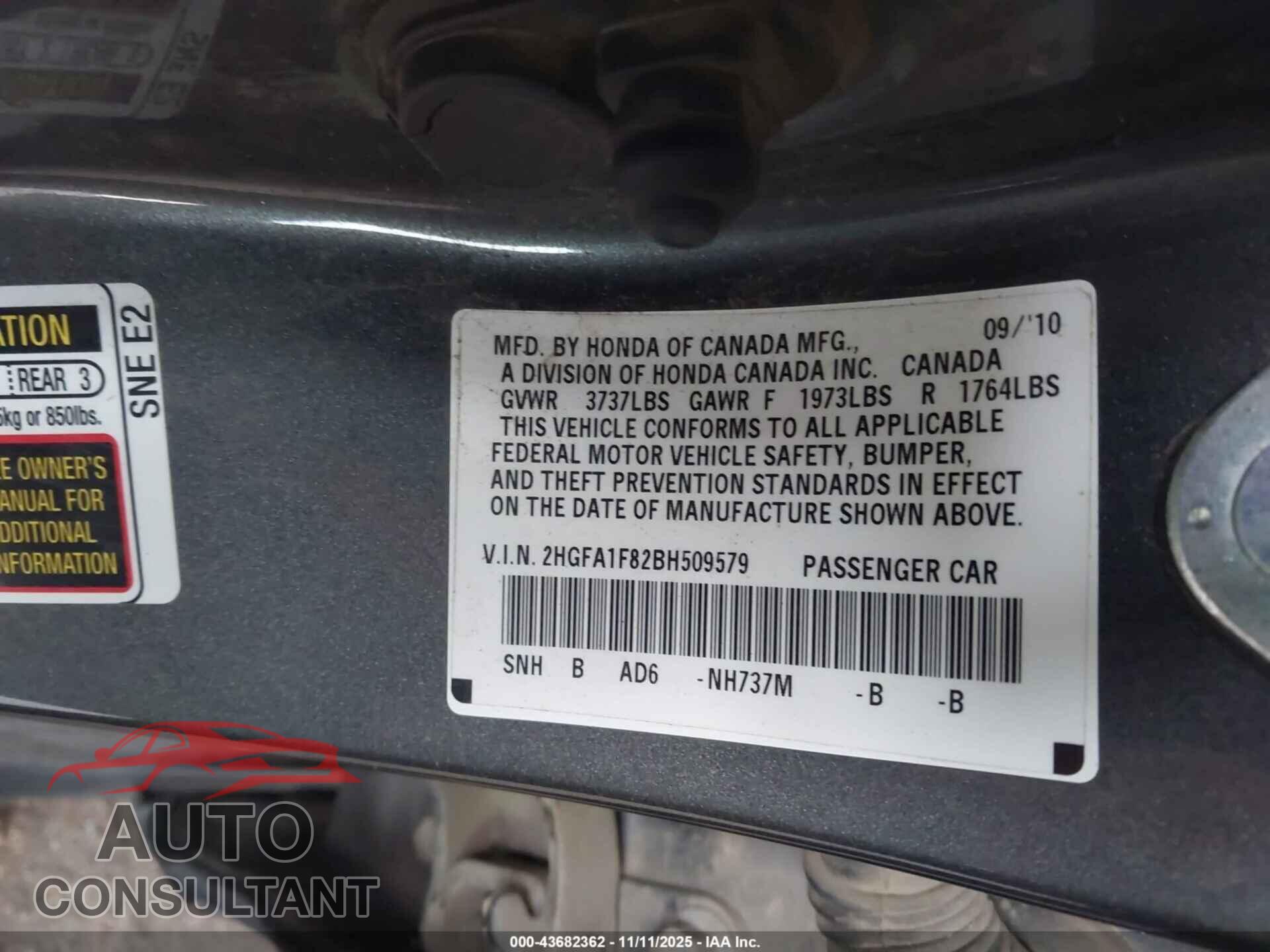 HONDA CIVIC 2011 - 2HGFA1F82BH509579