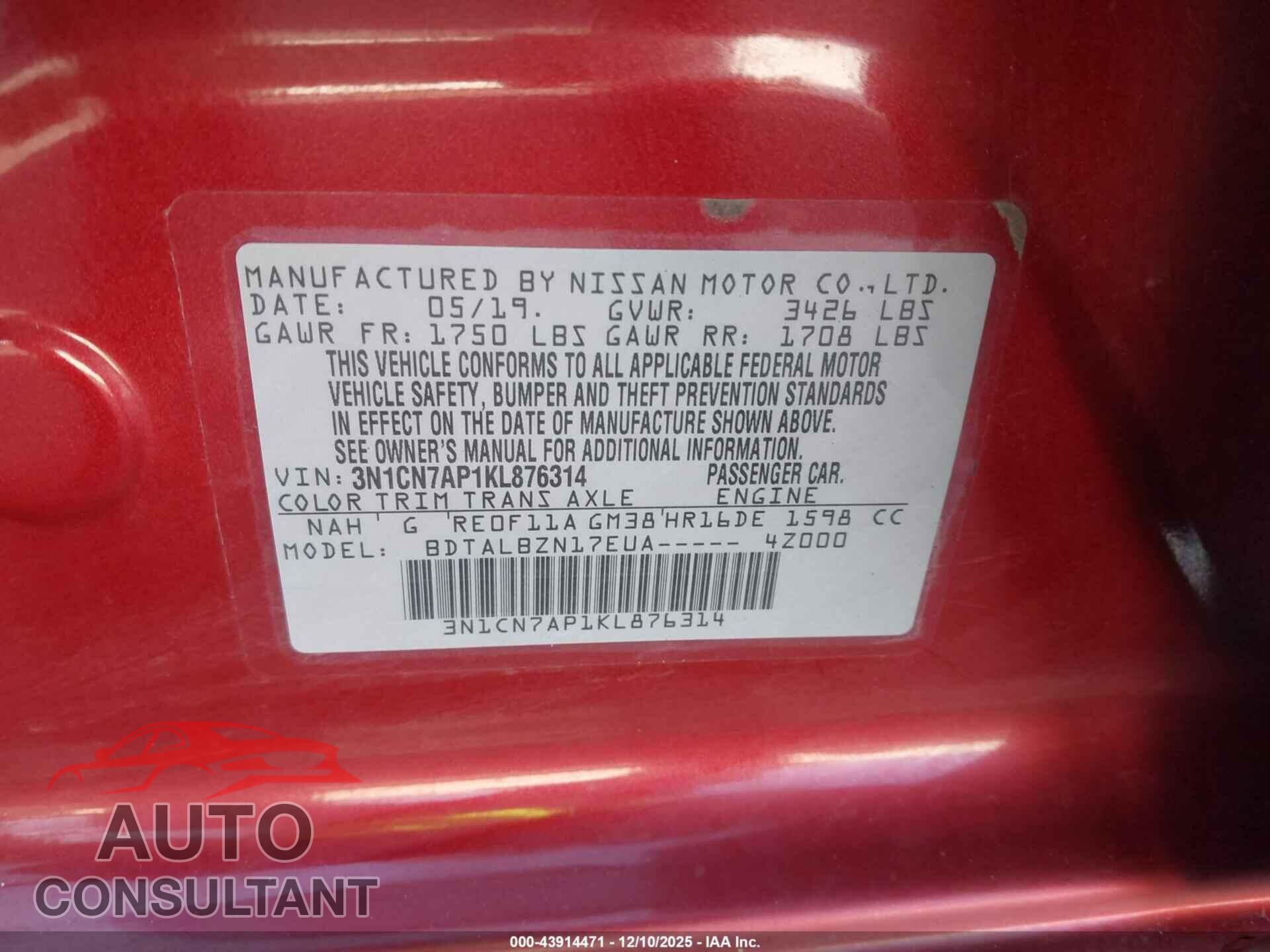 NISSAN VERSA 2019 - 3N1CN7AP1KL876314