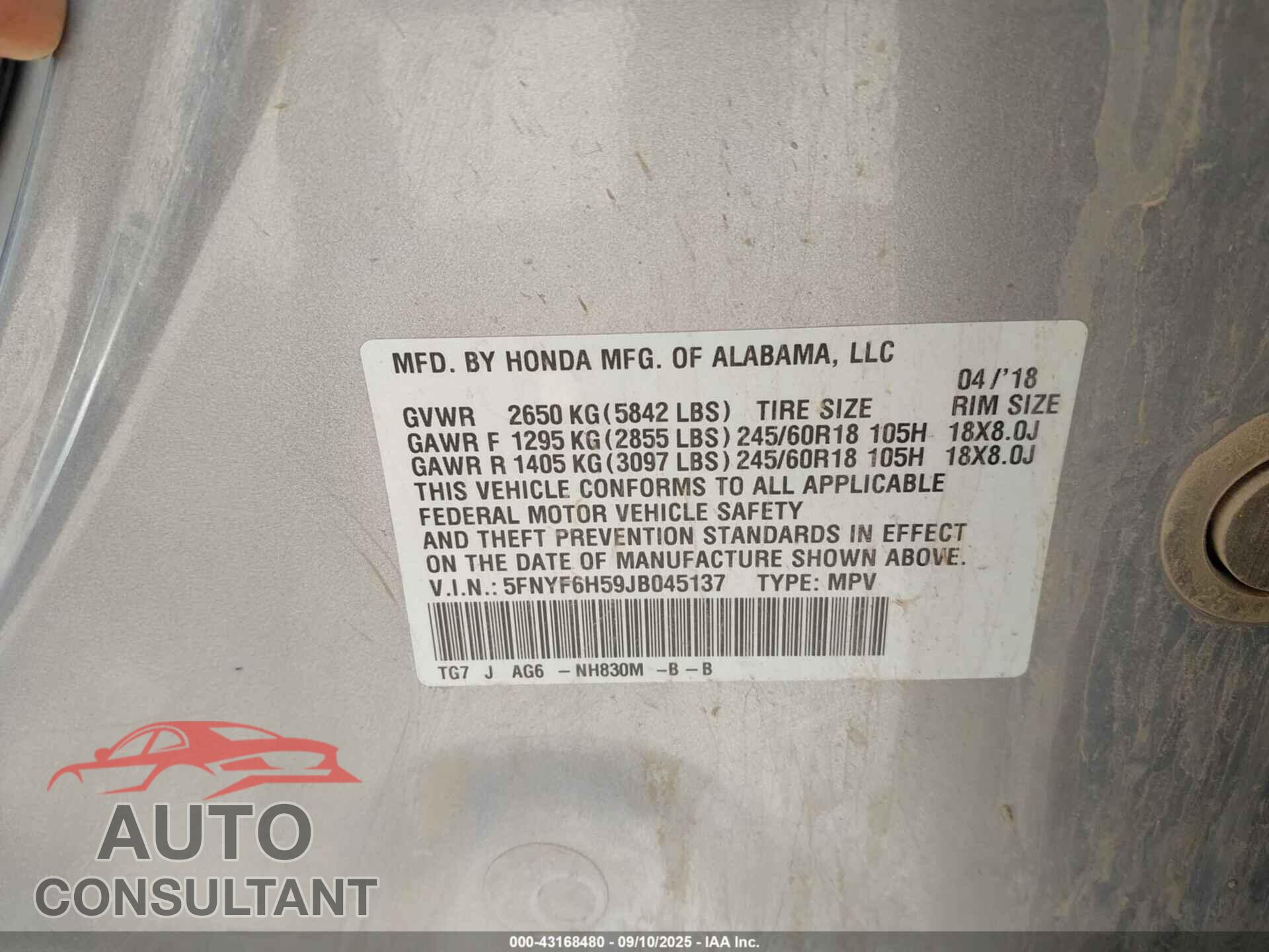 HONDA PILOT 2018 - 5FNYF6H59JB045137
