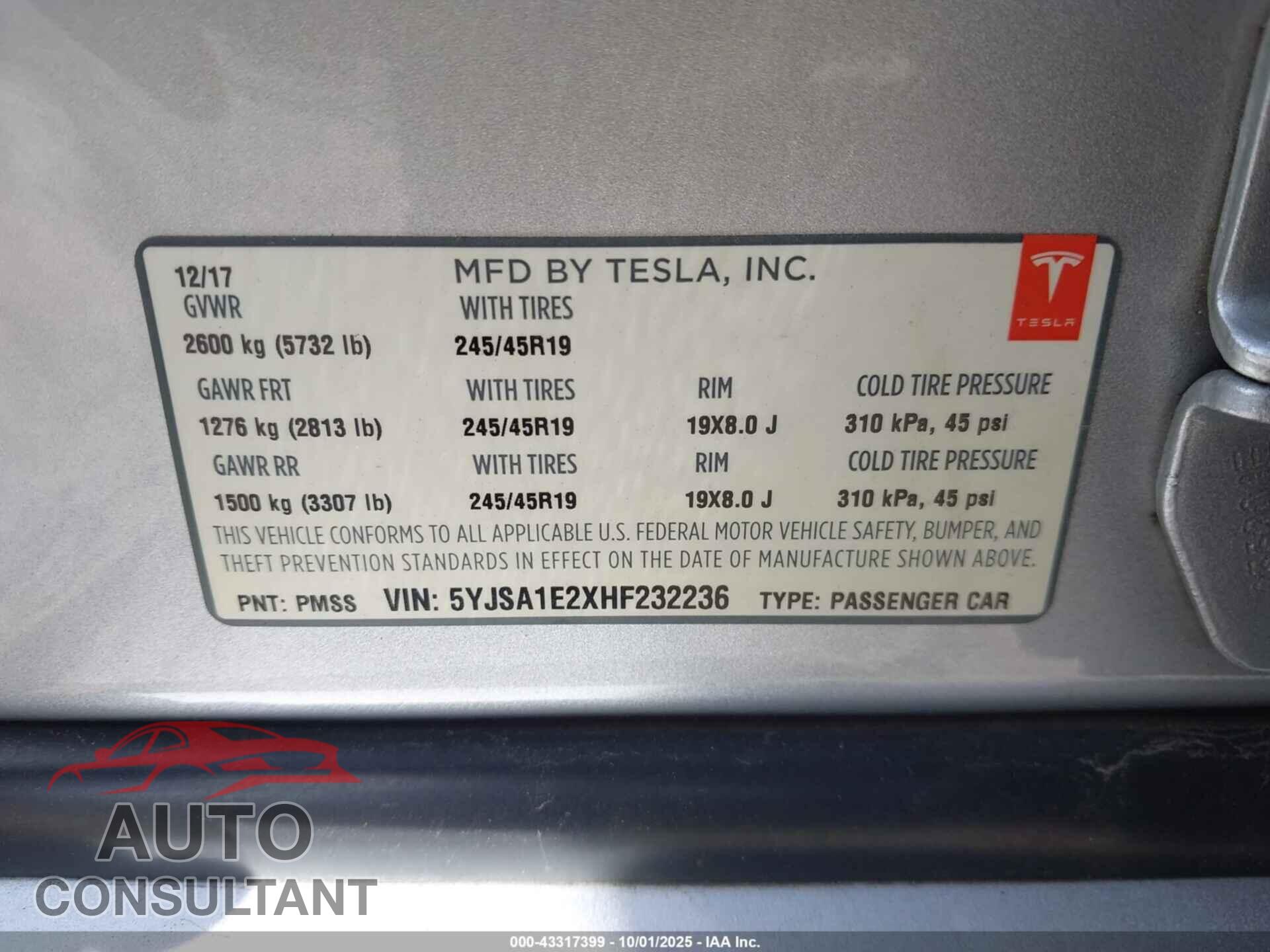 TESLA MODEL S 2017 - 5YJSA1E2XHF232236