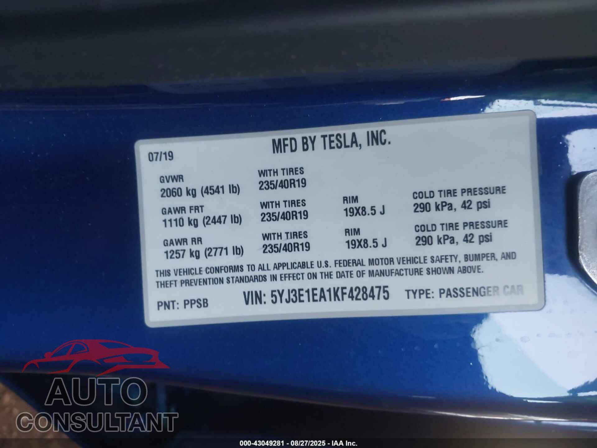 TESLA MODEL 3 2019 - 5YJ3E1EA1KF428475