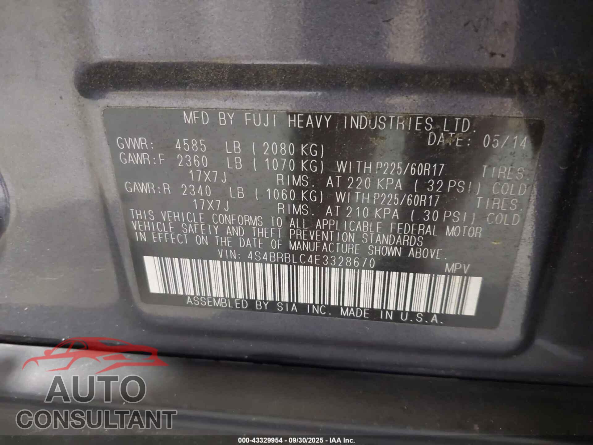 SUBARU OUTBACK 2014 - 4S4BRBLC4E3328670